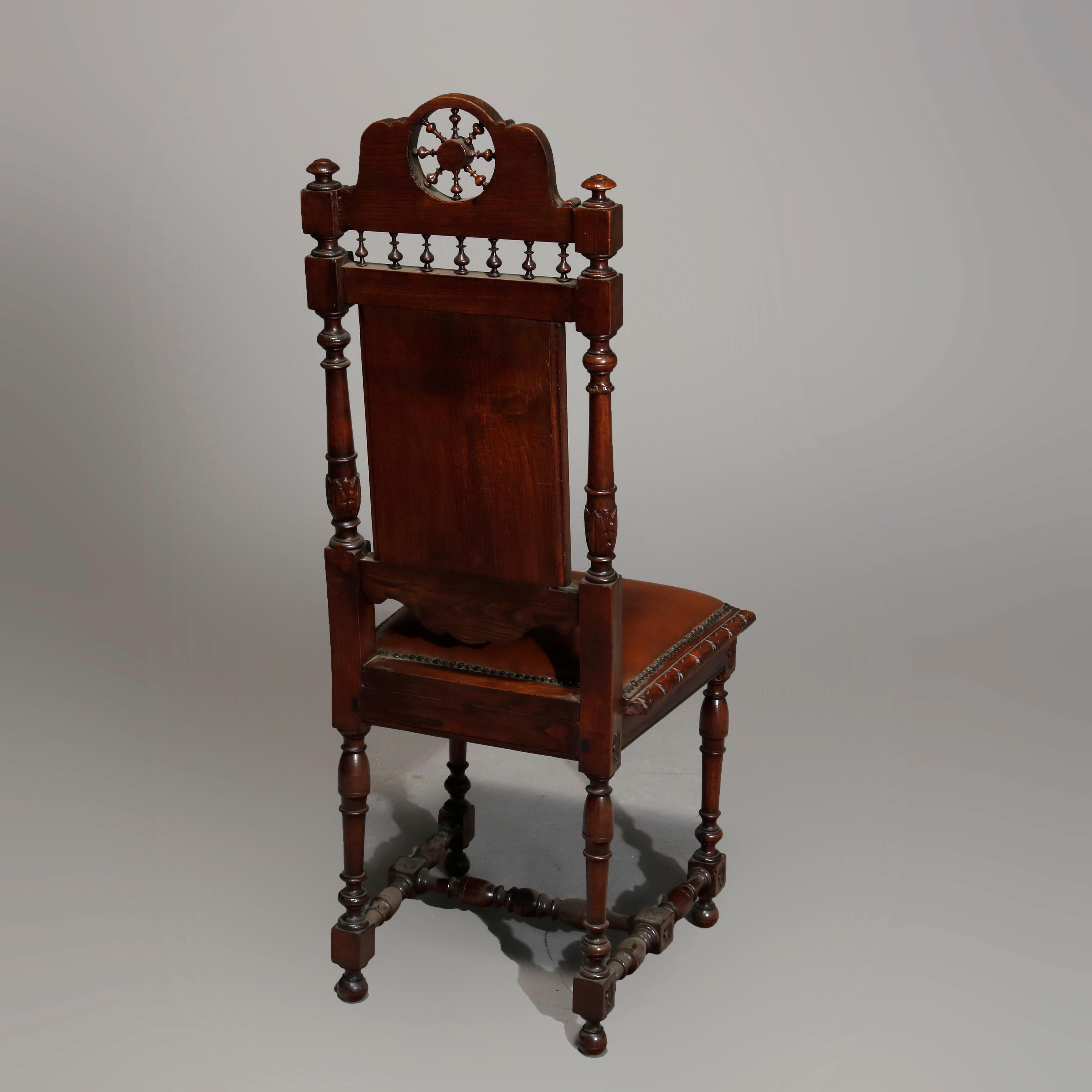 Antique Set of 6Continental Deeply Carved Genre Scenes Oak Dining Chairs, c 1890 In Good Condition In Big Flats, NY