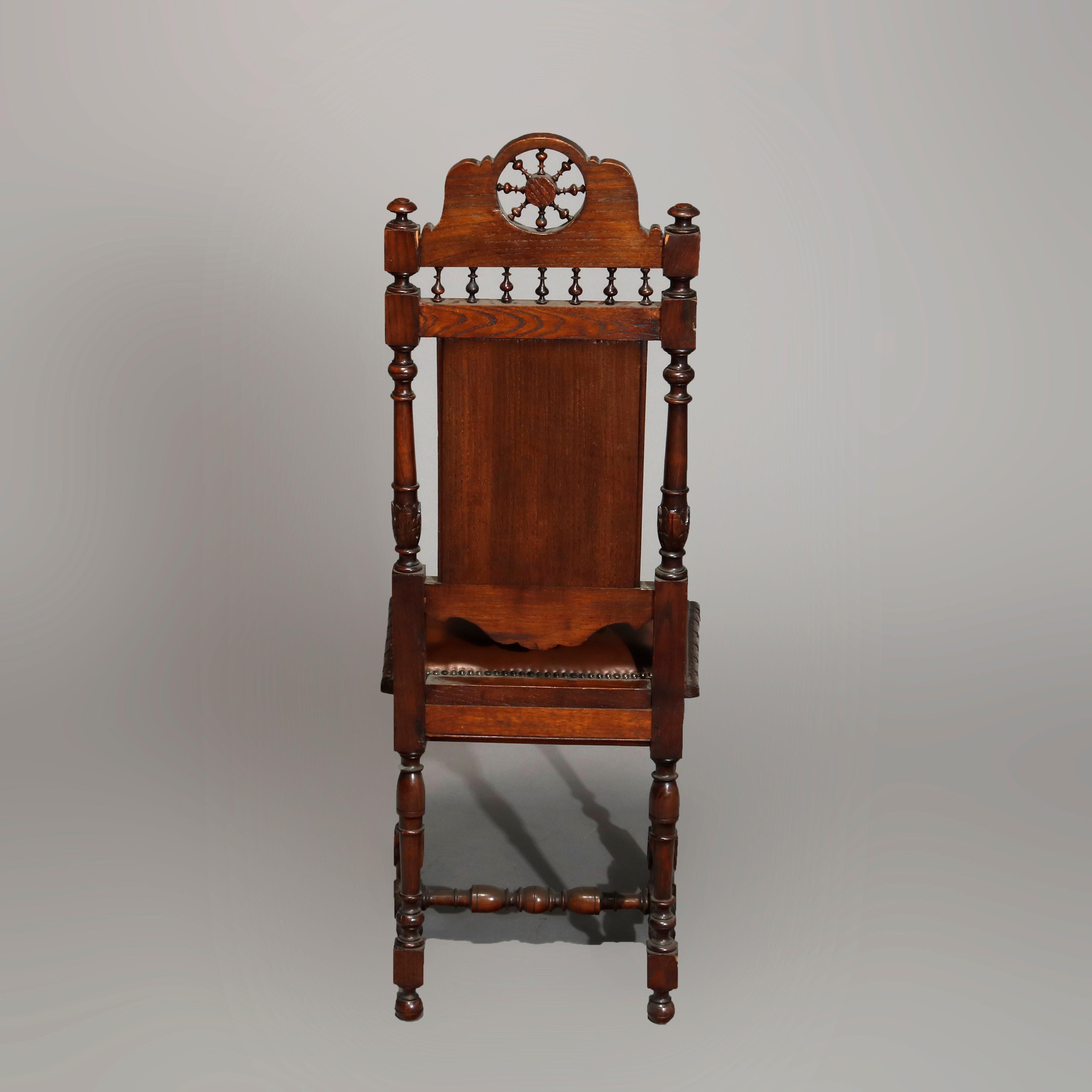 19th Century Antique Set of 6Continental Deeply Carved Genre Scenes Oak Dining Chairs, c 1890