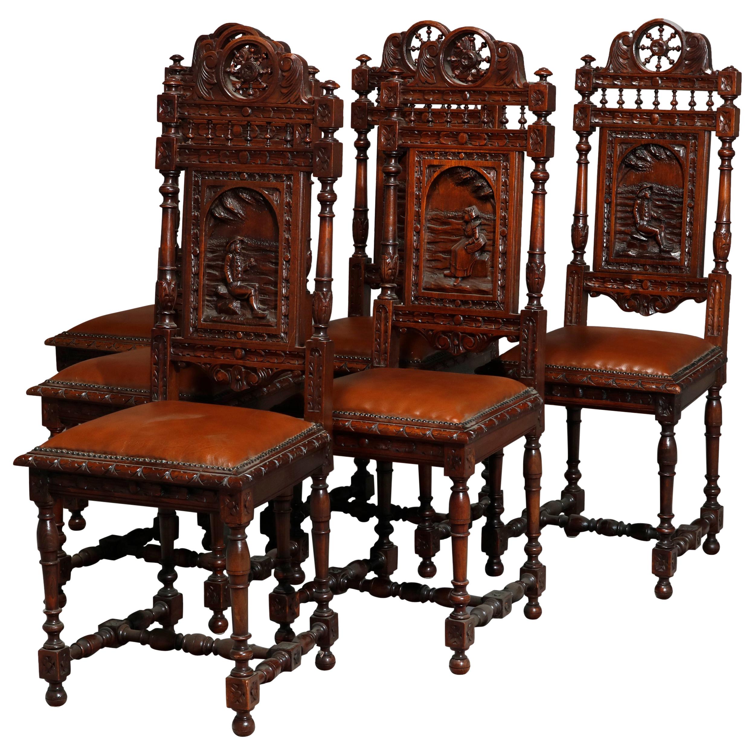 Antique Set of 6Continental Deeply Carved Genre Scenes Oak Dining Chairs, c 1890