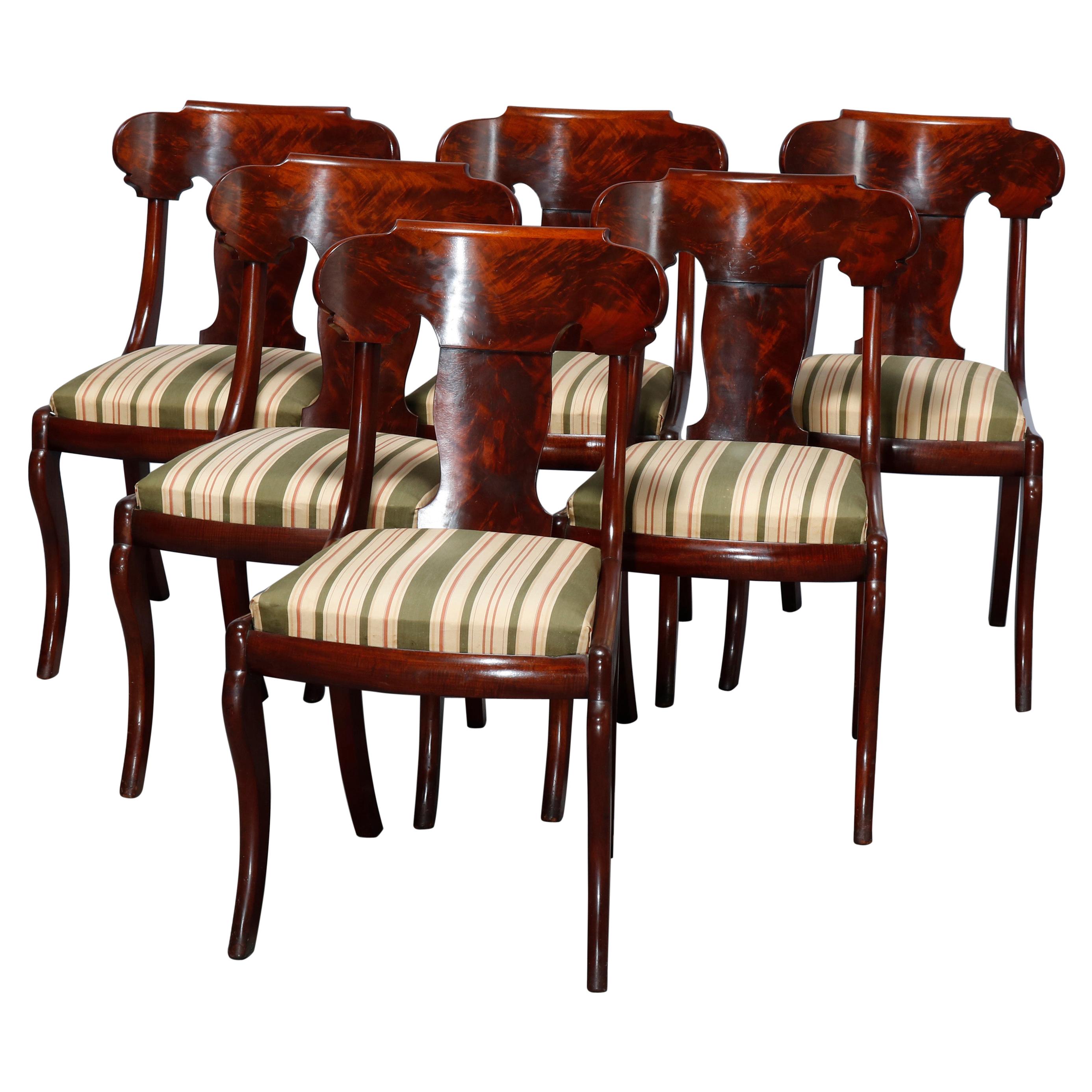 Antique Set of Six Flame Mahogany Gondola Dining Chairs with Saber Legs, 19th C