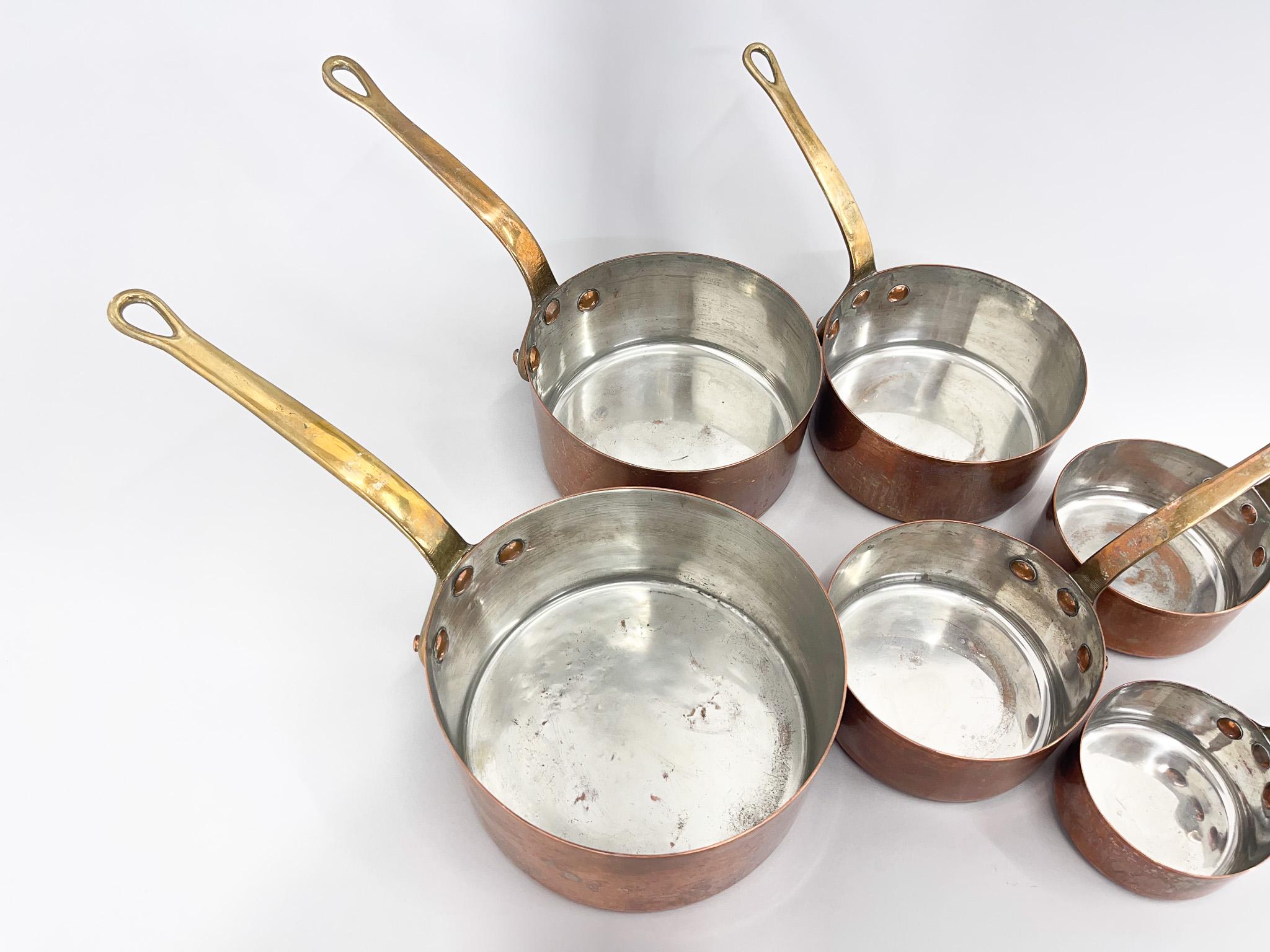 Antique Set of Six French Copper Sauce Pans 1