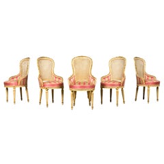 Antique Set of Six French Louis XVI Cane Dining Armchairs in Pink Stripe