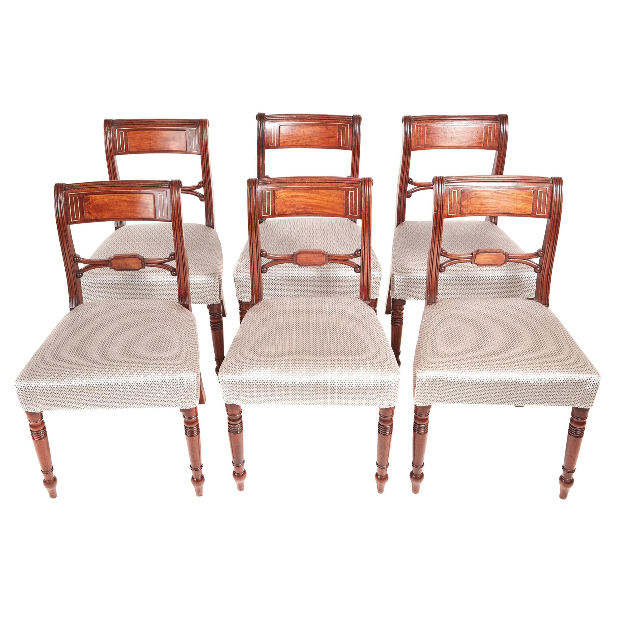 Antique Set of Six George III Mahogany Brass Inlay Dining Chairs