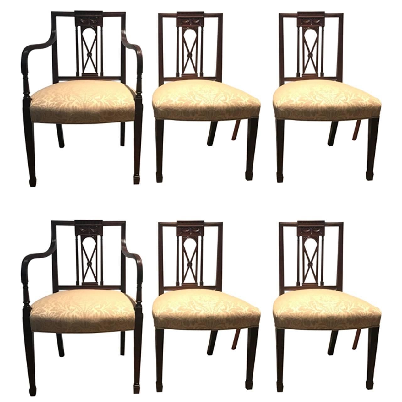 Antique Set of Six Hand-Carved Mahogany Hepplewhite Dining Chairs