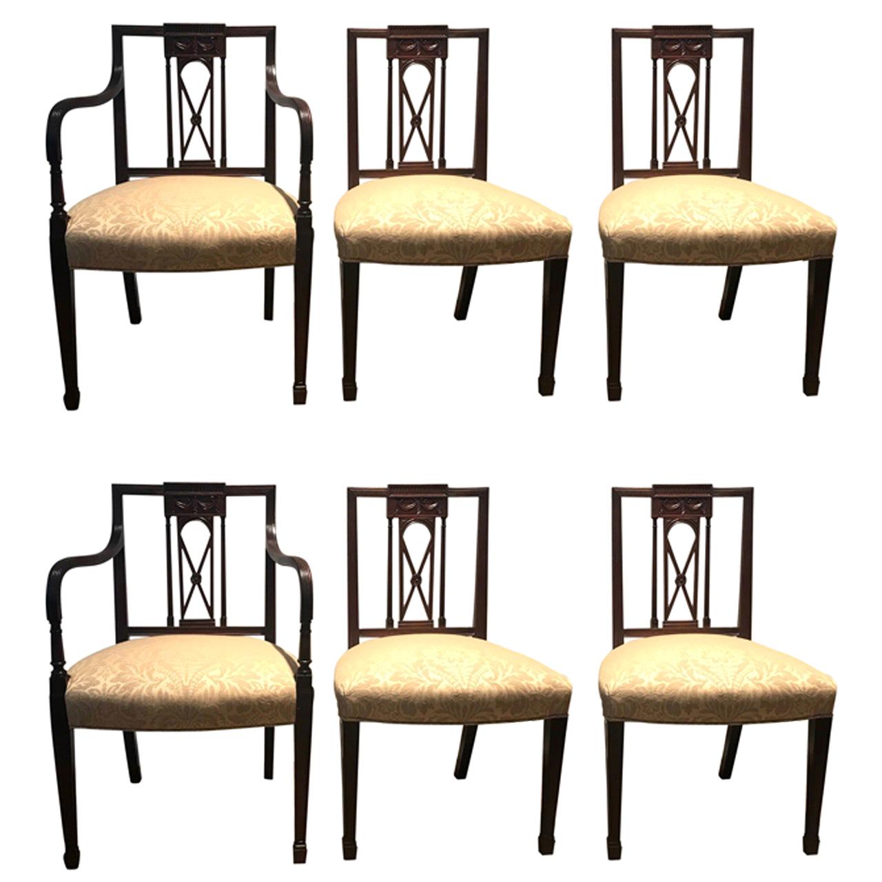 Antique Set of Six Hand Carved Mahogany Hepplewhite Dining Chairs