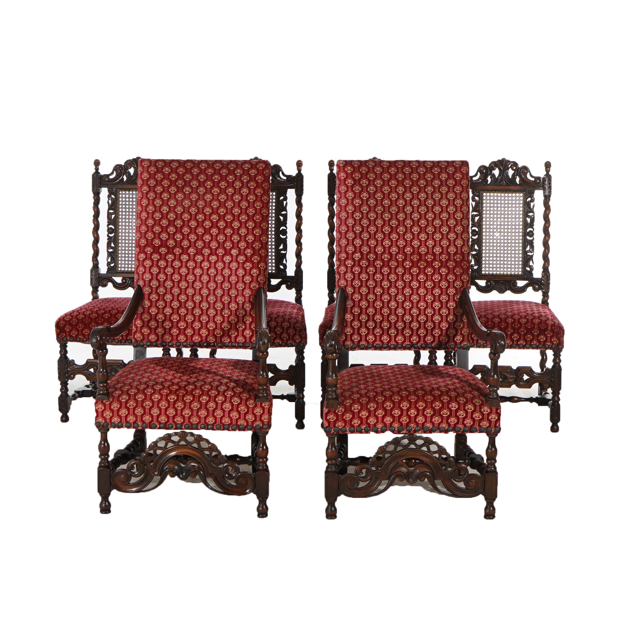 ***Inquire About Reduced In-House Delivery Rates - Reliable Professional Service & Fully Insured***

Antique Set of Six Kittinger Jacobean Style Carved Walnut Dining Chairs with Upholstered Seats, Turned Legs and Foliate Carved Elements,