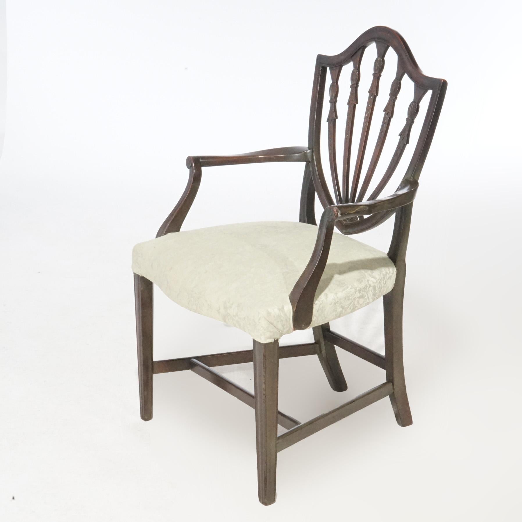 Antiker Satz von sechs Mahagoni Hepplewhite Shield Back Dining Chairs um 1920 (Polster)