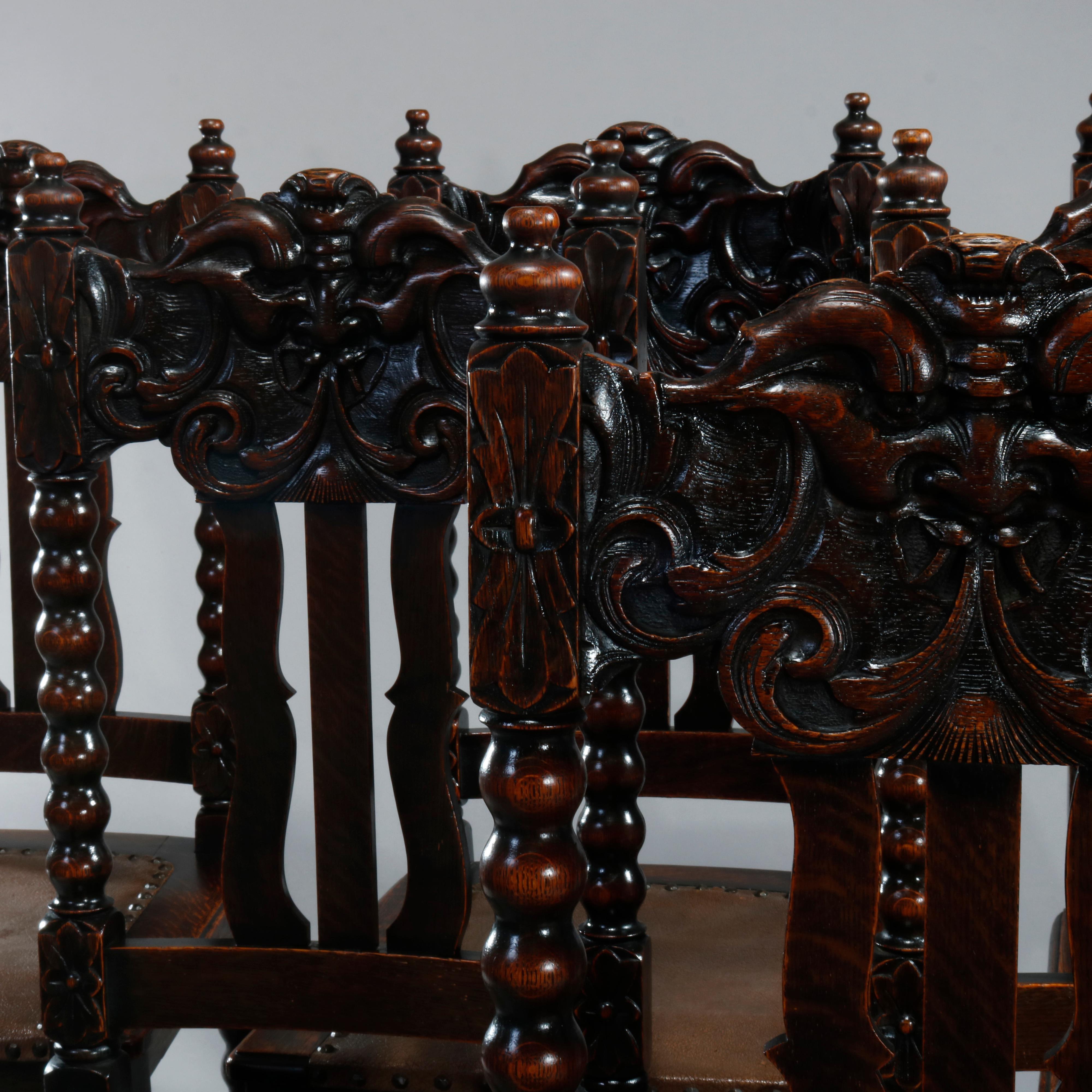 Antique Set of Six Oak R J Horner School Carved North Wind Dining Chairs, c 1900 6