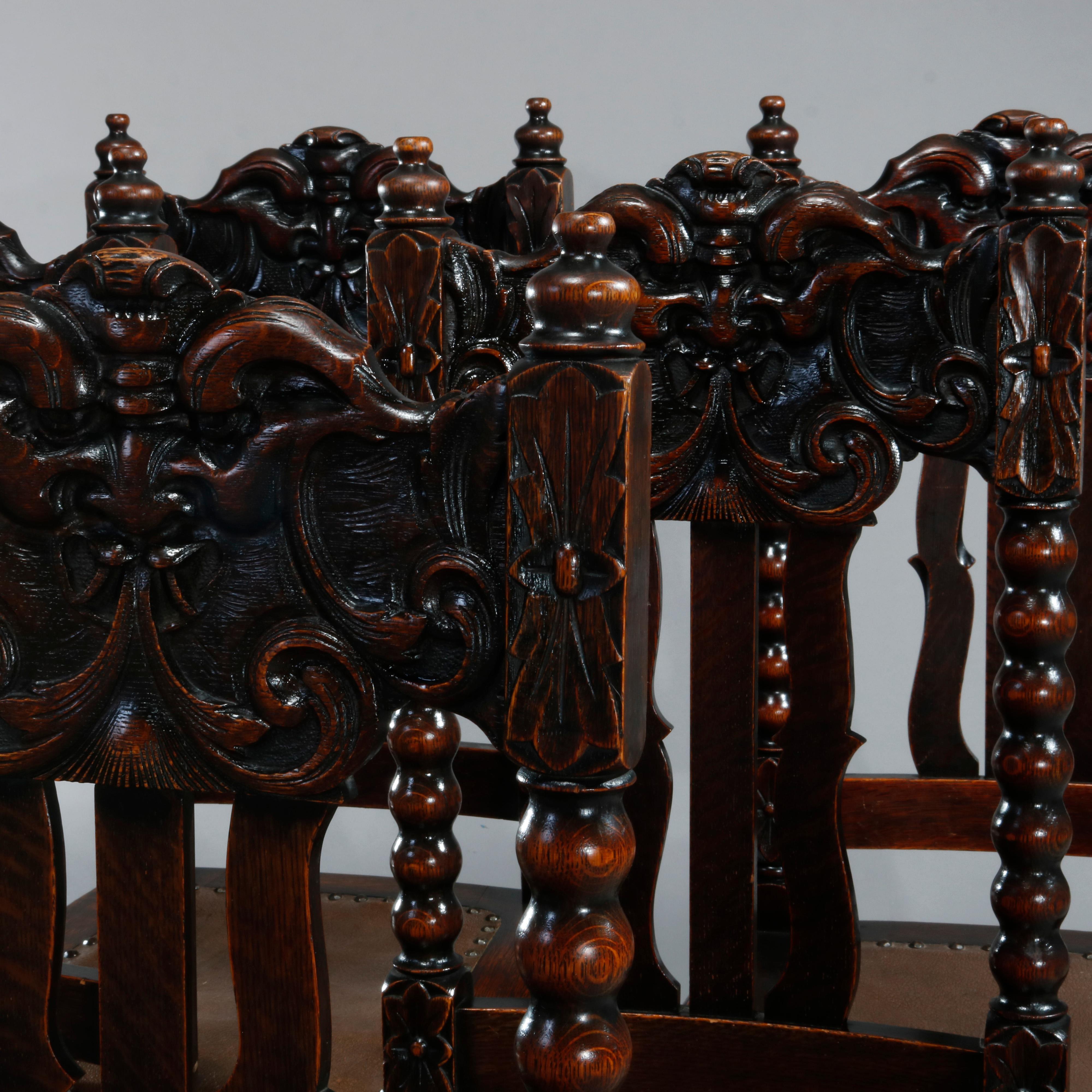 Antique Set of Six Oak R J Horner School Carved North Wind Dining Chairs, c 1900 8