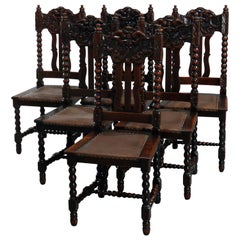 Antique Set of Six Oak R J Horner School Carved North Wind Dining Chairs, c 1900