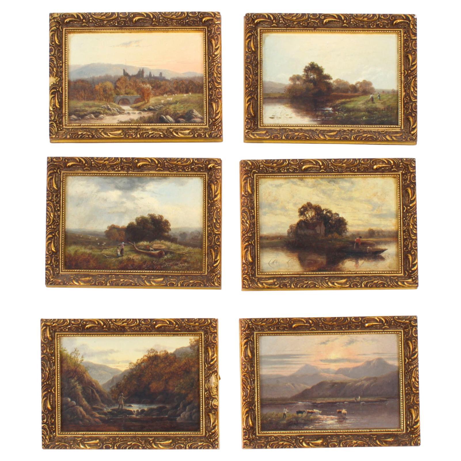 Conjunto Antiguo de Seis Pinturas de Paisajes Fluviales Siglo XIX