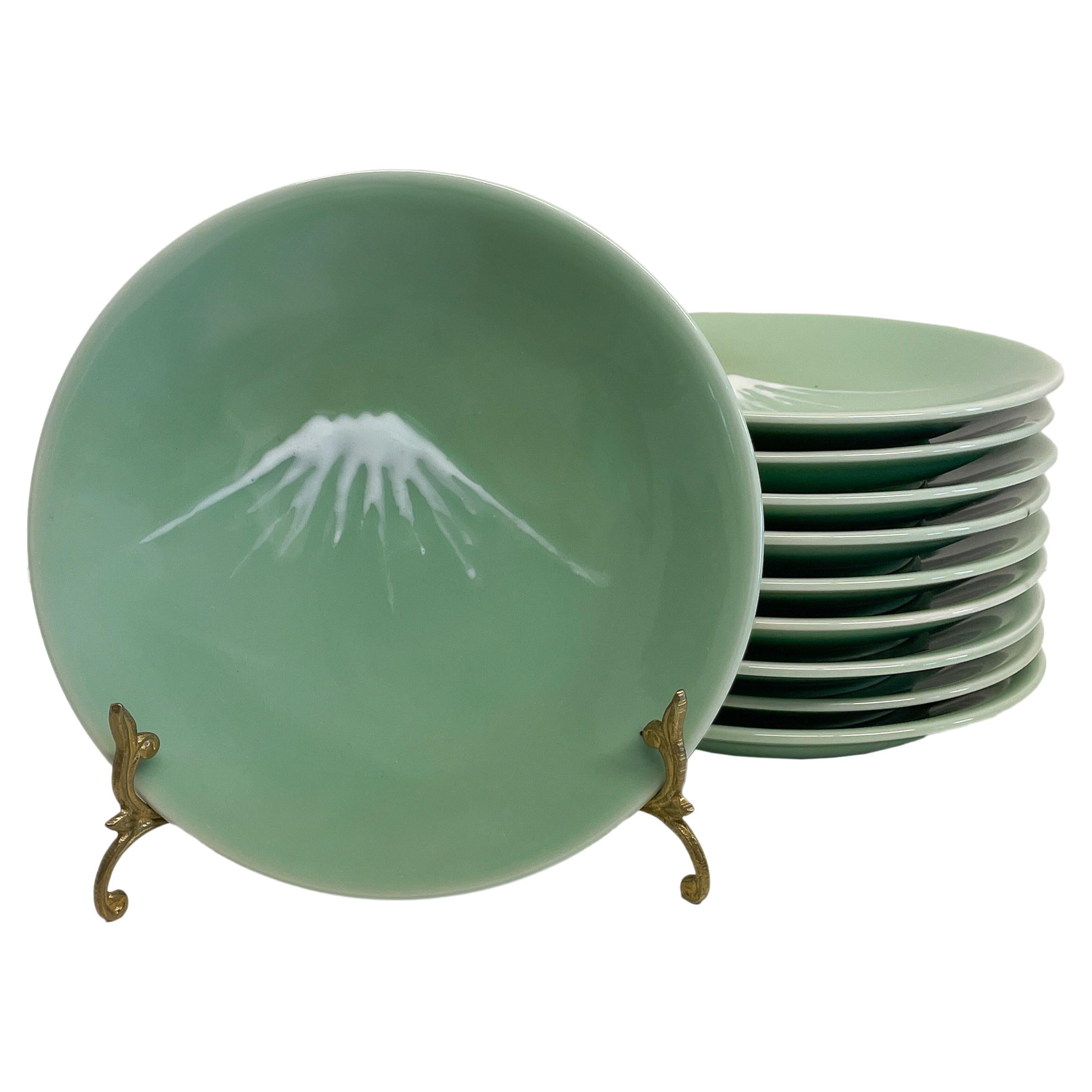 Antique Set of Ten Japanese Nabeshima Mt Fuji Celadon Pottery 8.5" Plates 1900