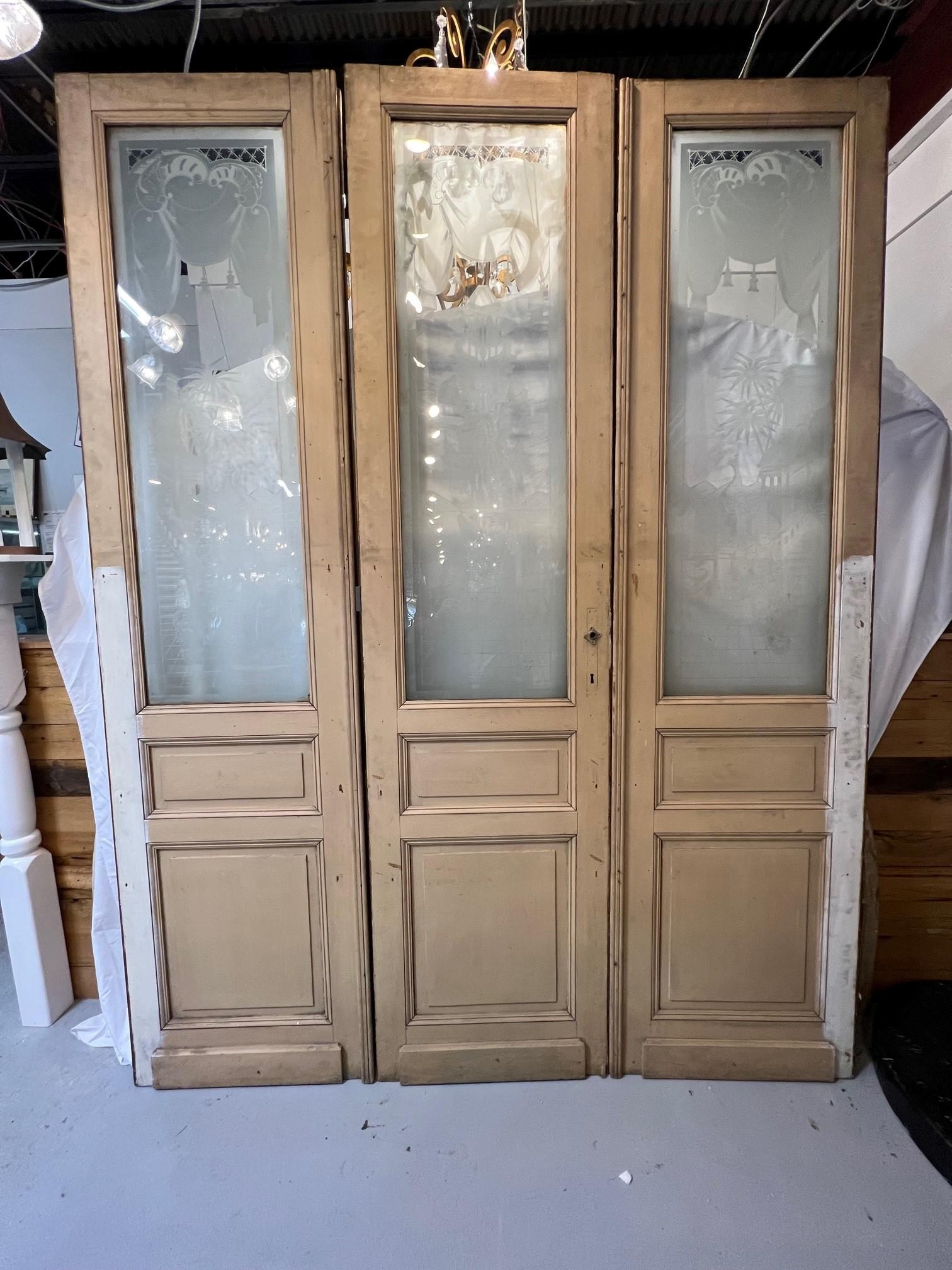 Antique Set of Three Decorative Etched Glass Doors with Peacocks from France    For Sale 4