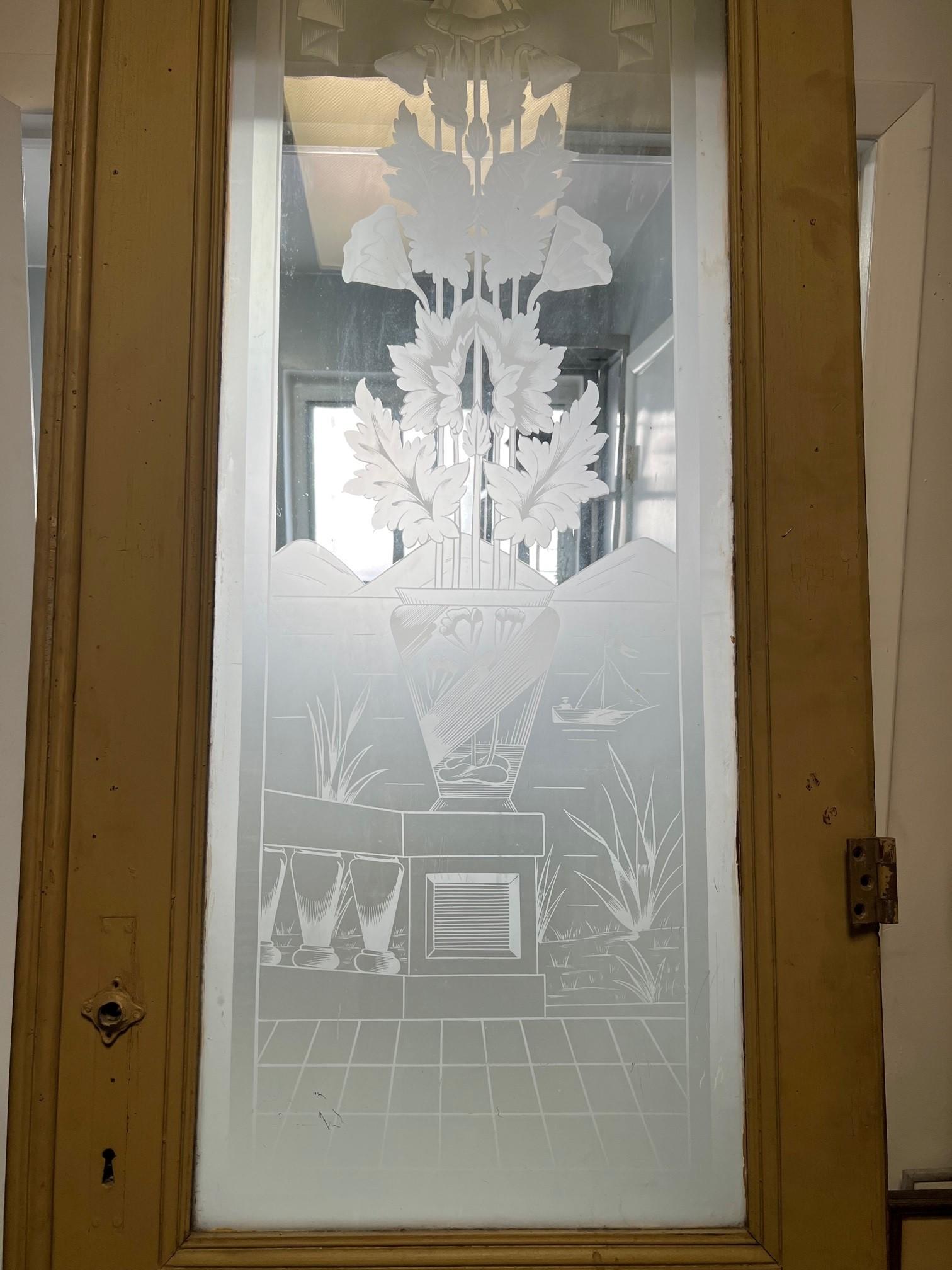 Antique Set of Three Decorative Etched Glass Doors with Peacocks from France    For Sale 10