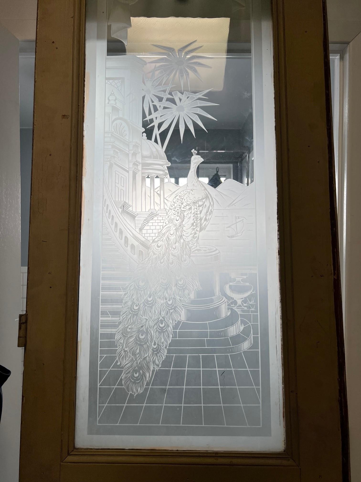 Antique Set of Three Decorative Etched Glass Doors with Peacocks from France    For Sale 12