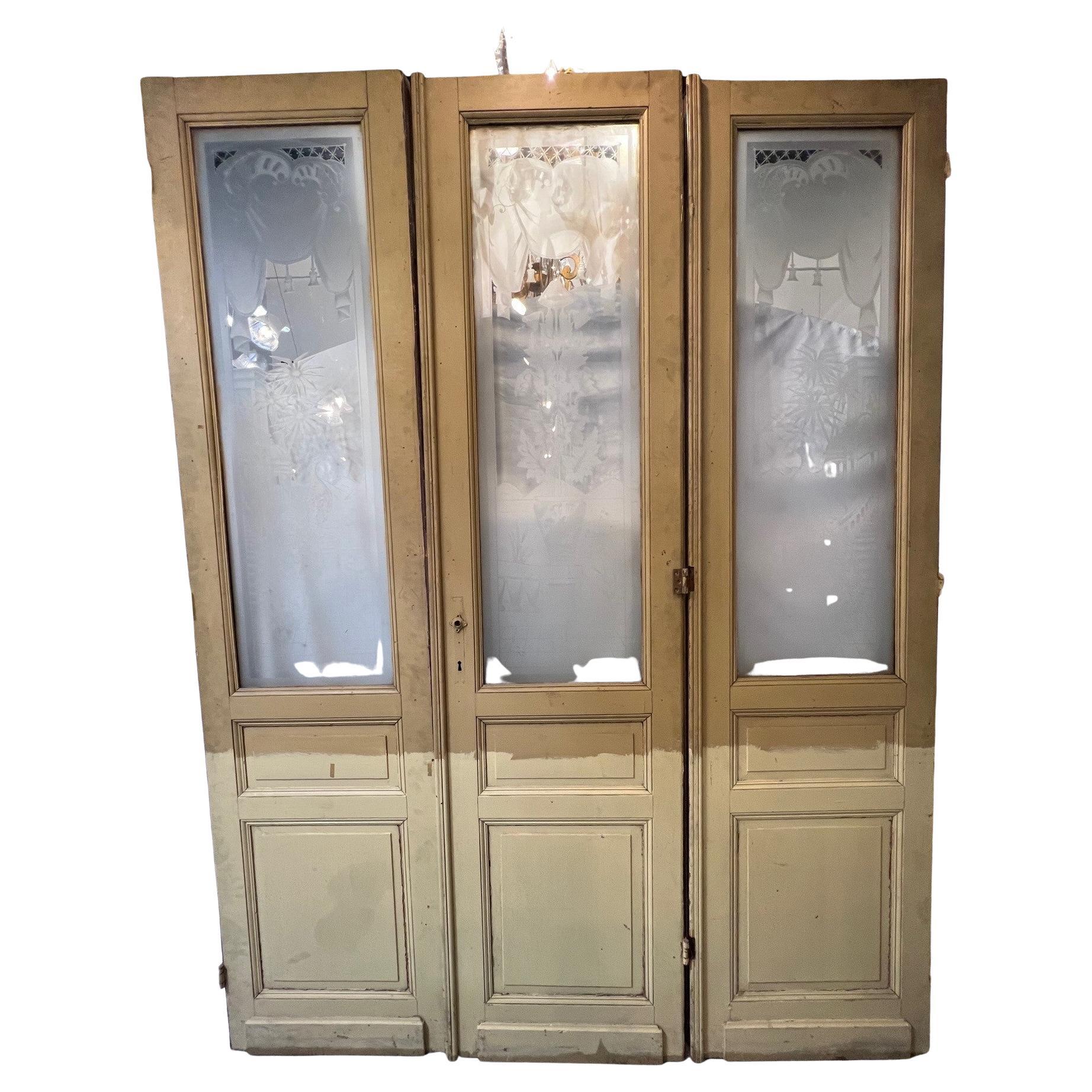 Antique Set of Three Decorative Etched Glass Doors with Peacocks from France    For Sale