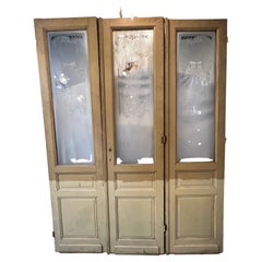 Ensemble ancien de trois portes décoratives en verre gravé avec paons de France   