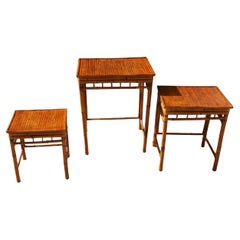 Antique Set of Three English Colonial Burnt Bamboo Stackable Tables