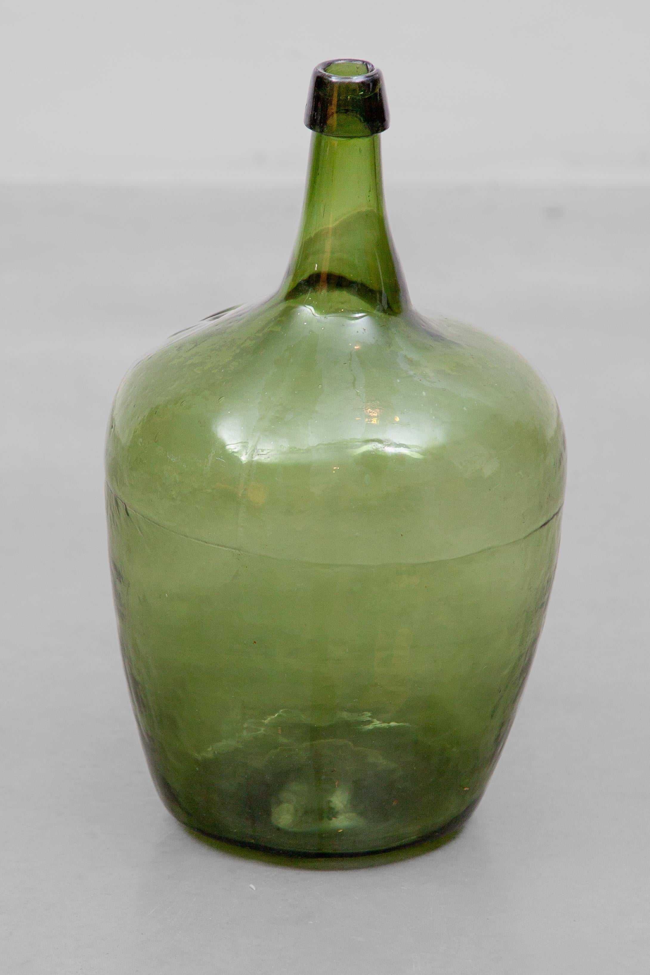 Antique Set of Three Green Glass Demijohn Hand Blown Bottles, Mecklenburgh 3