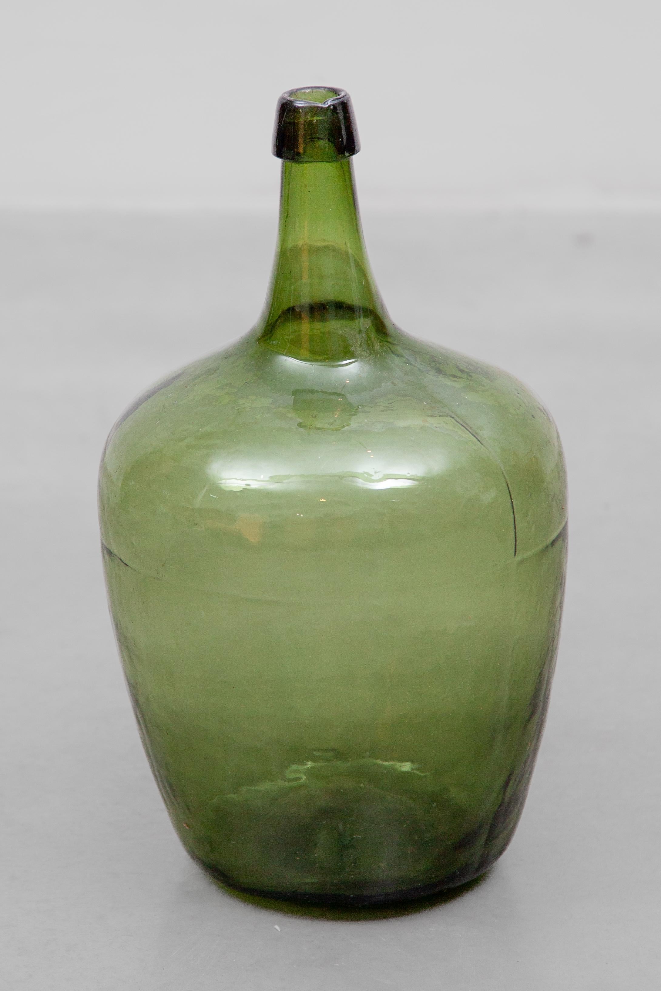 Antique Set of Three Green Glass Demijohn Hand Blown Bottles, Mecklenburgh 4