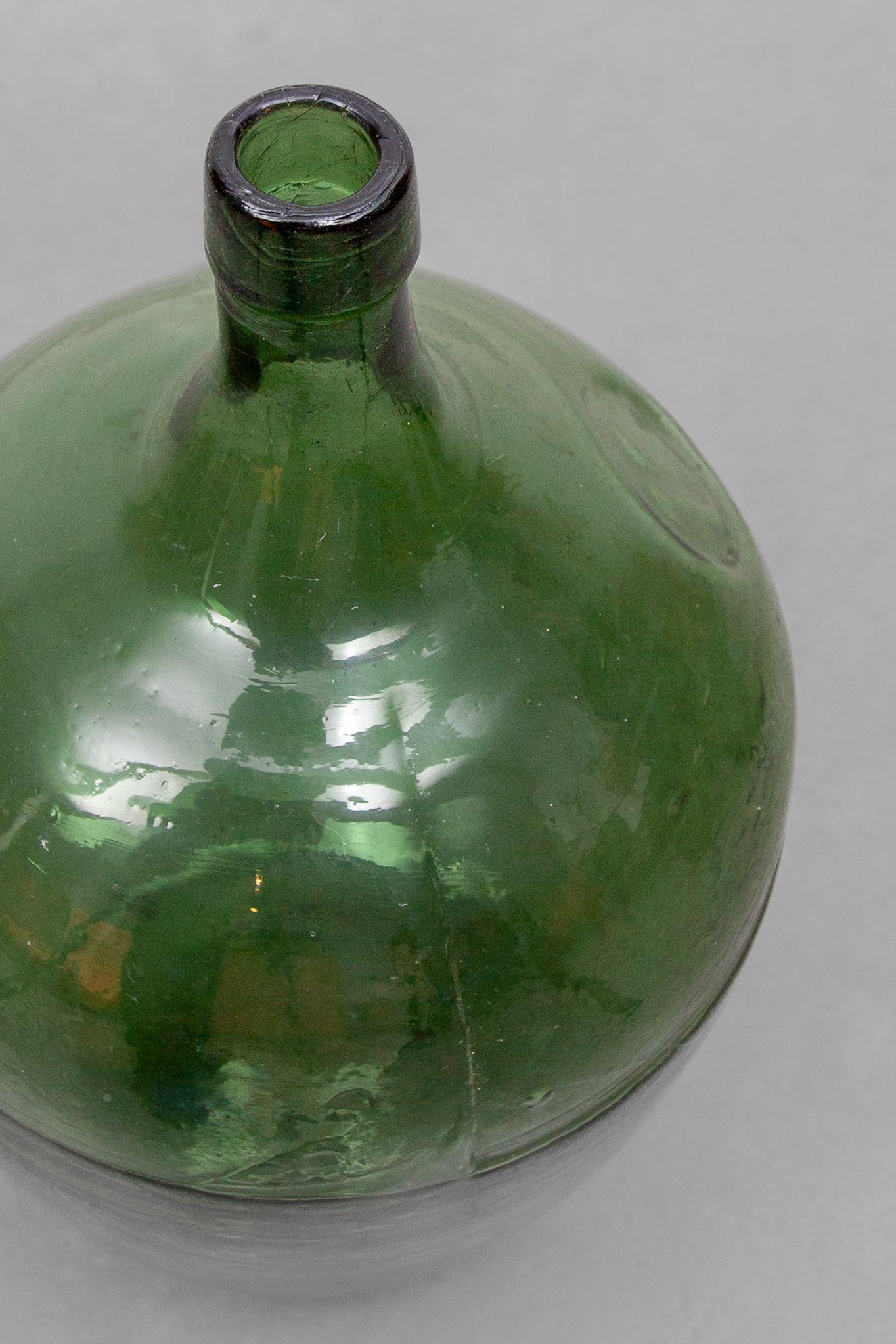 Antique Set of Three Green Glass Demijohn Hand Blown Bottles, Mecklenburgh 6