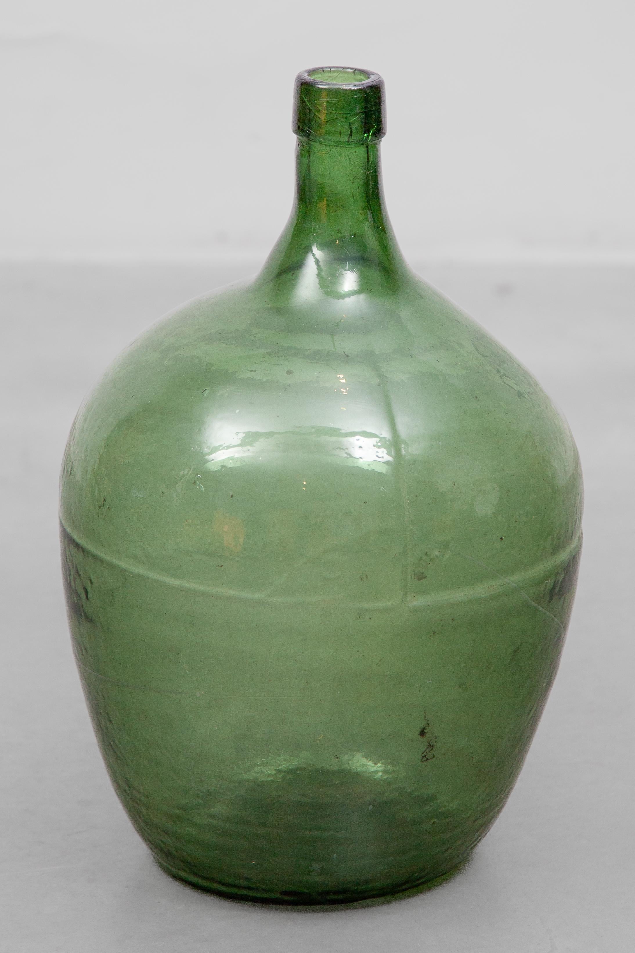 Antique Set of Three Green Glass Demijohn Hand Blown Bottles, Mecklenburgh 8