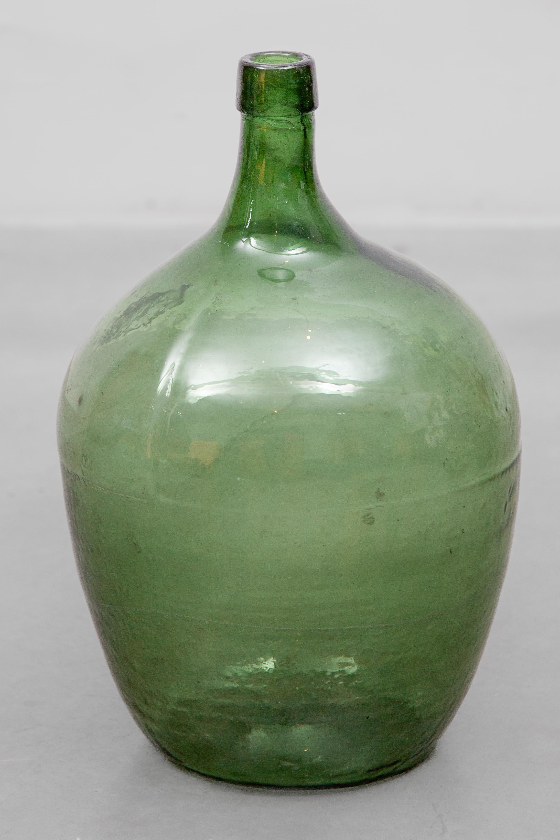 Antique Set of Three Green Glass Demijohn Hand Blown Bottles, Mecklenburgh 9