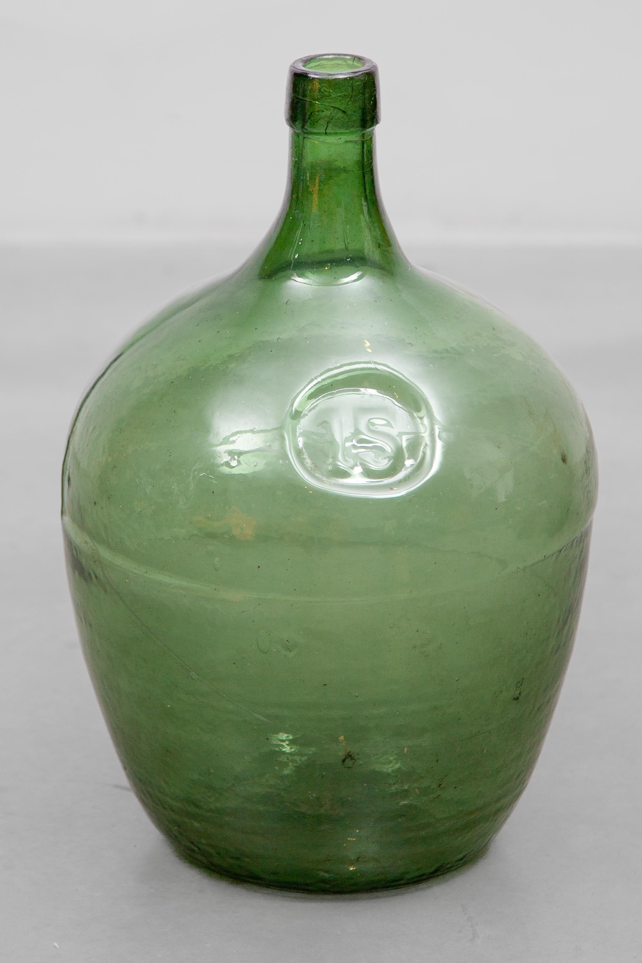 Antique Set of Three Green Glass Demijohn Hand Blown Bottles, Mecklenburgh 10