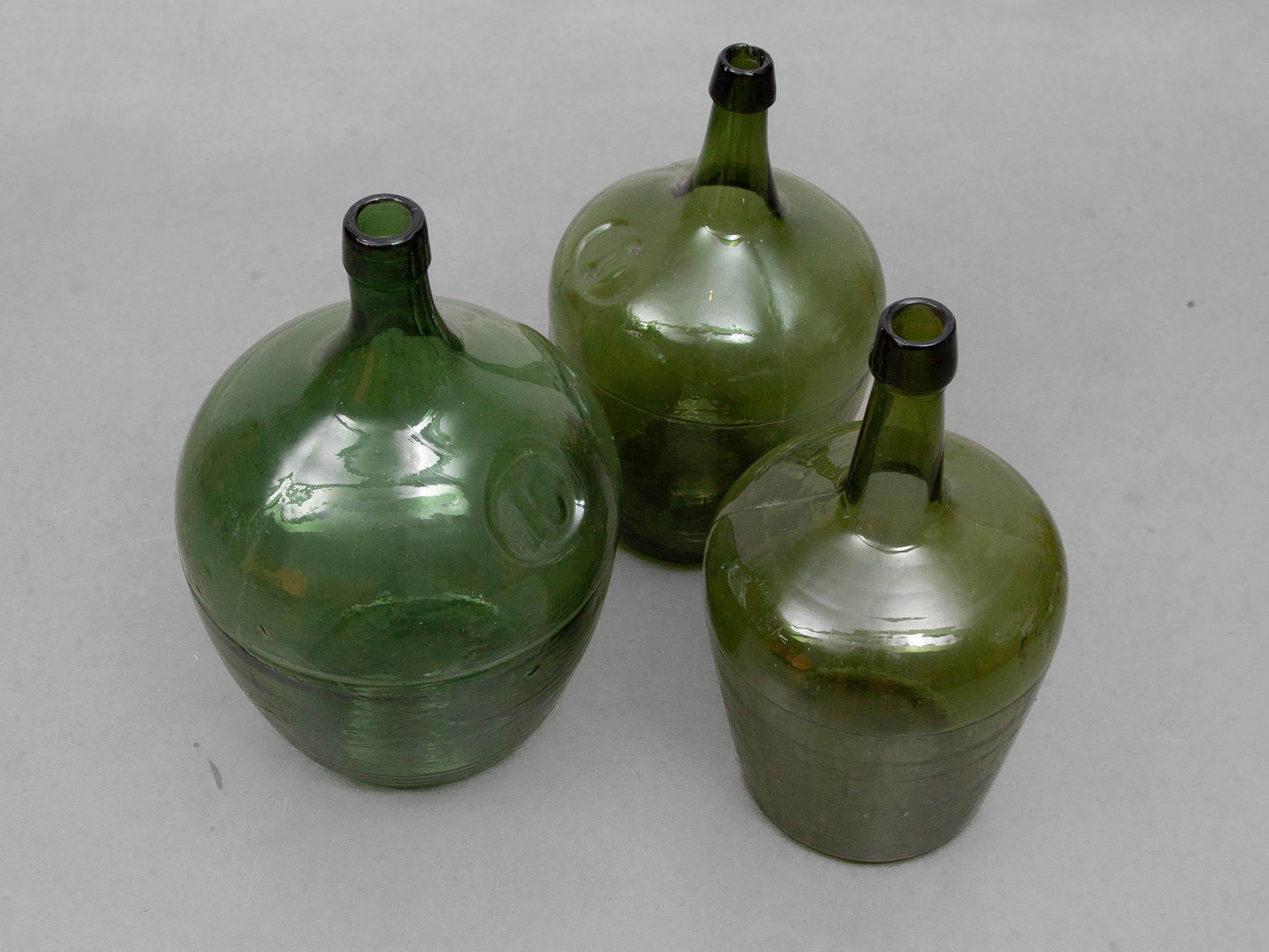 Hand-Crafted Antique Set of Three Green Glass Demijohn Hand Blown Bottles, Mecklenburgh