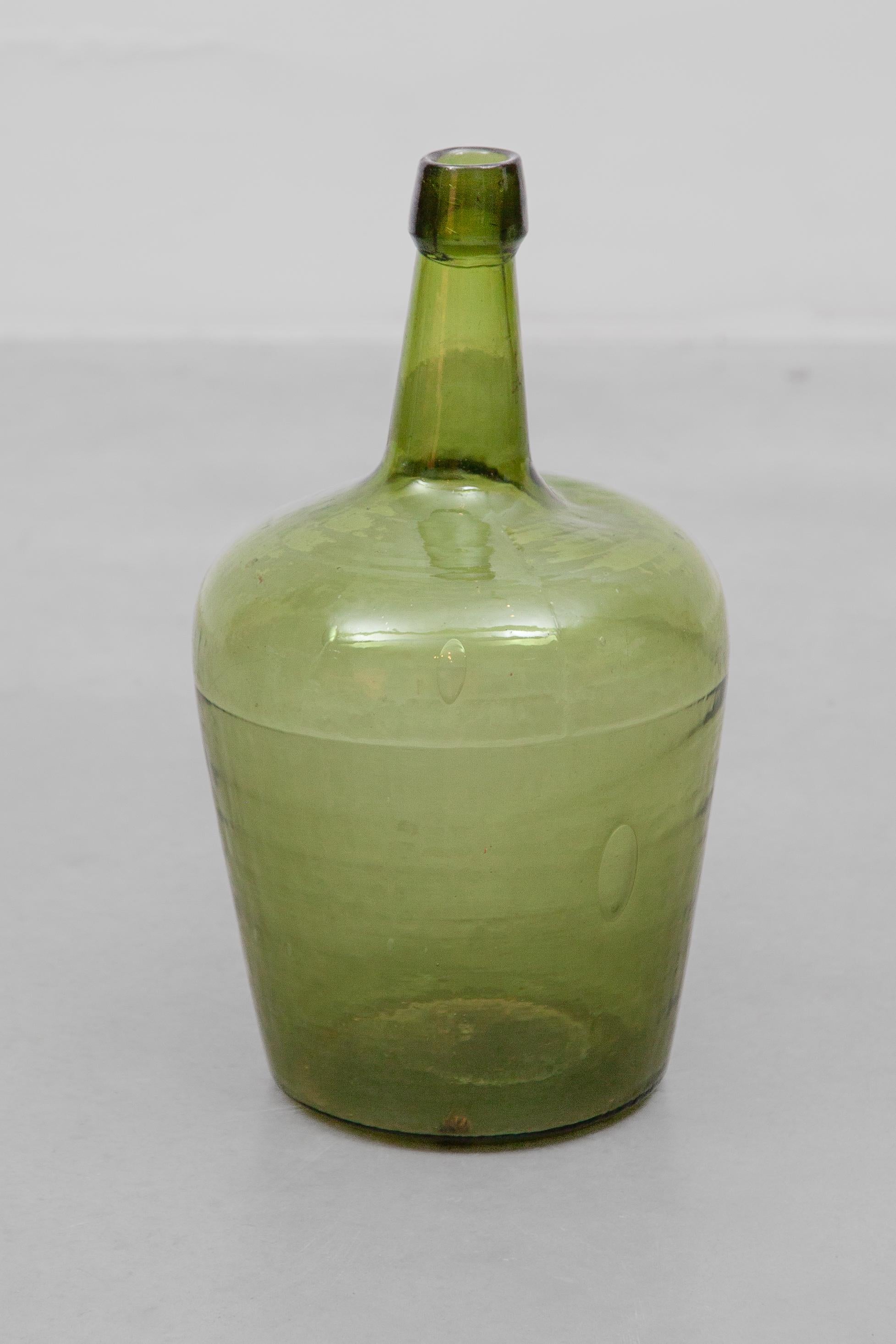 19th Century Antique Set of Three Green Glass Demijohn Hand Blown Bottles, Mecklenburgh