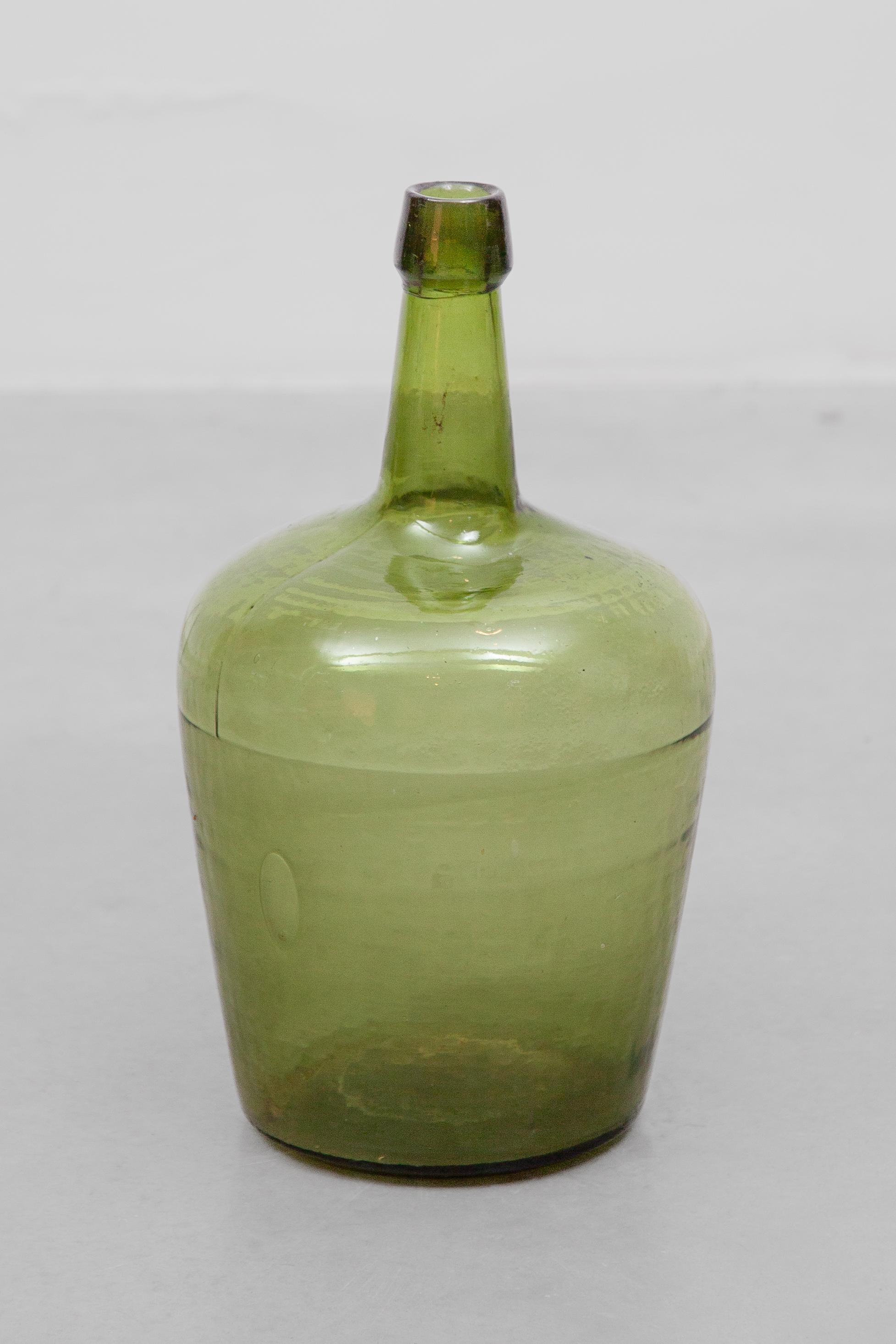 Blown Glass Antique Set of Three Green Glass Demijohn Hand Blown Bottles, Mecklenburgh