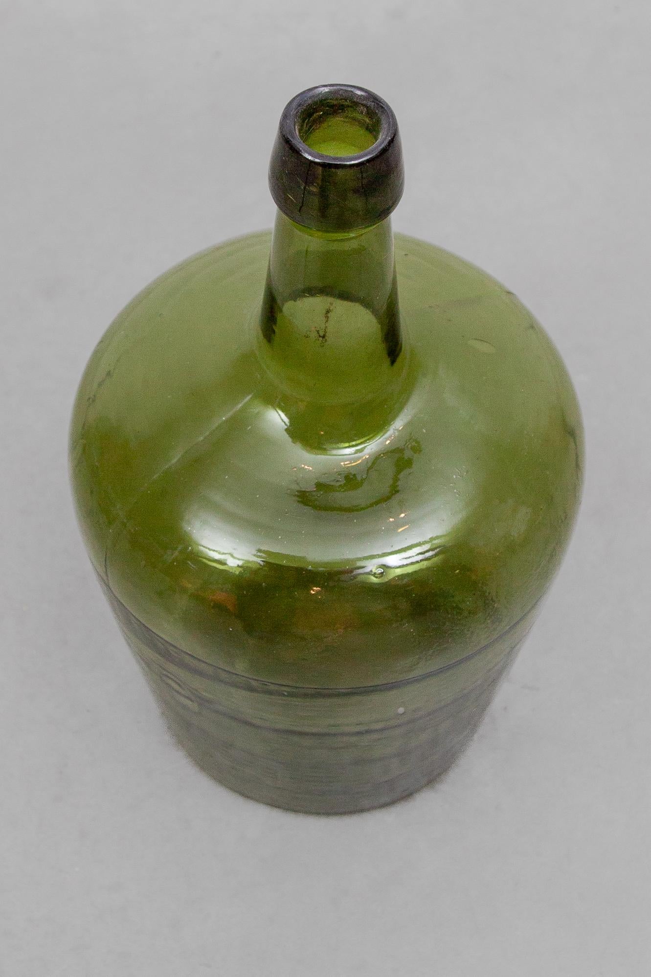 Antique Set of Three Green Glass Demijohn Hand Blown Bottles, Mecklenburgh 1
