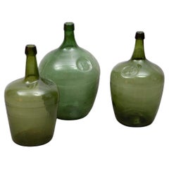 Antique Set of Three Green Glass Demijohn Hand Blown Bottles, Mecklenburgh