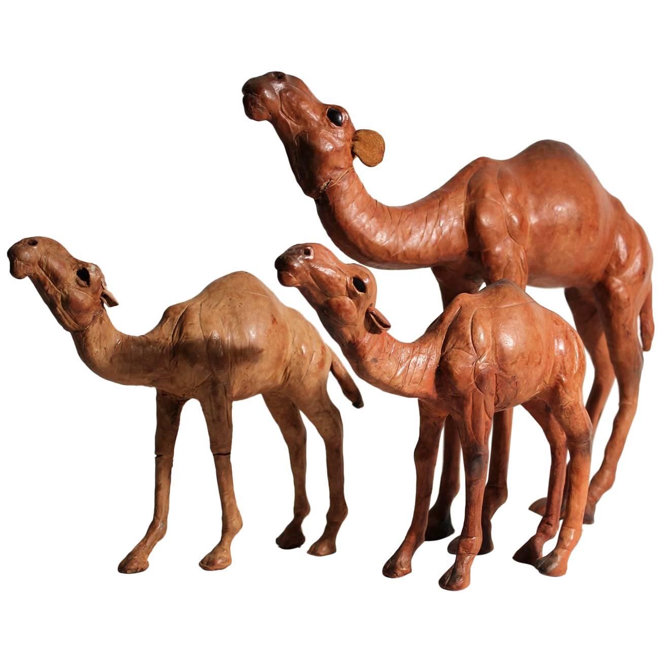 Antique Set of Three Italian Leather Camel Figurines Sculptures