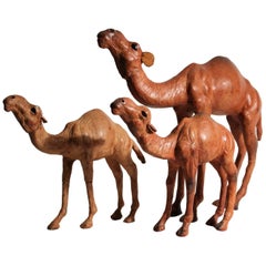 Antique Set of Three Italian Leather Camel Figurines Sculptures