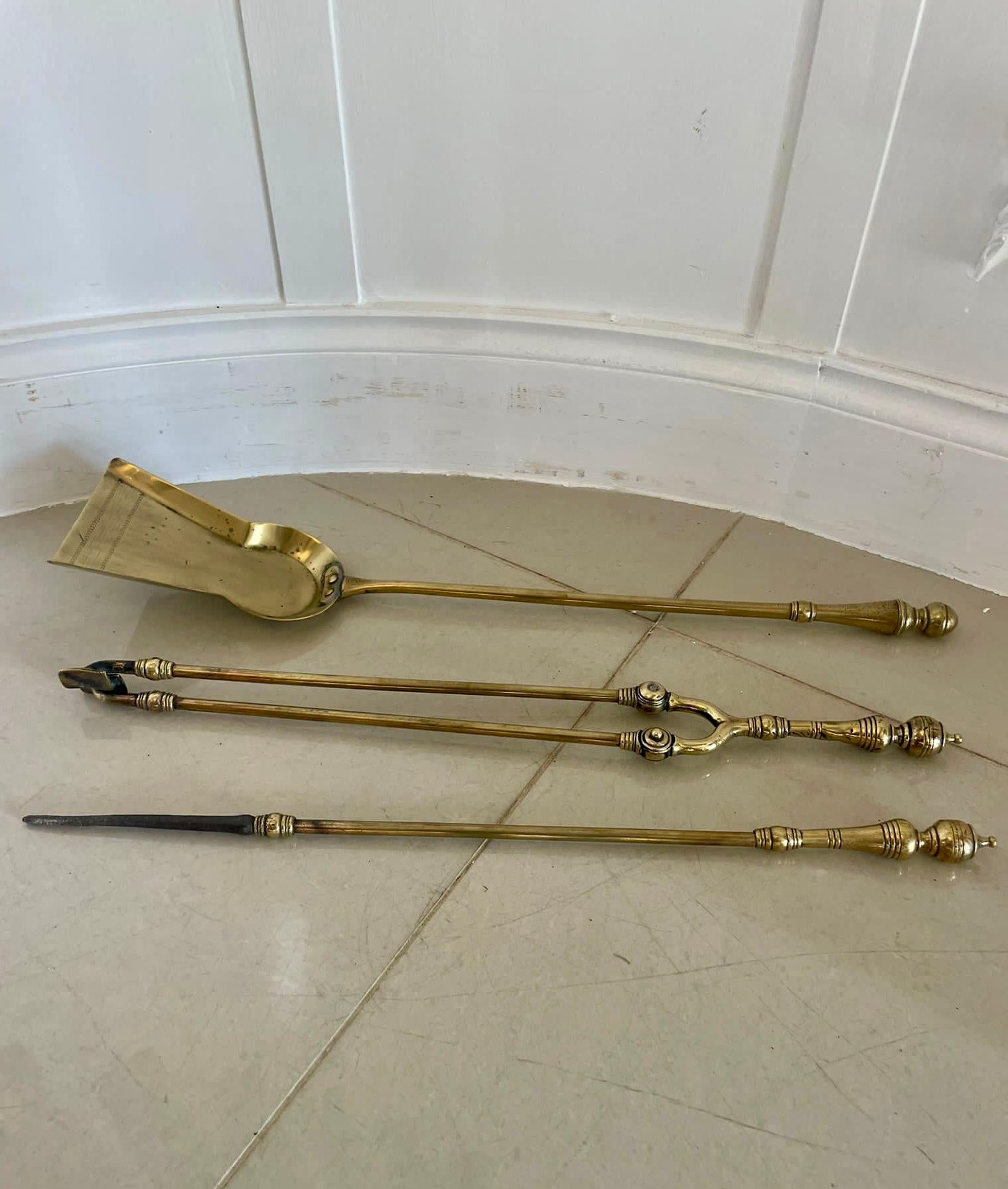 English Antique Set of Three Victorian Quality Brass Fire Irons  For Sale