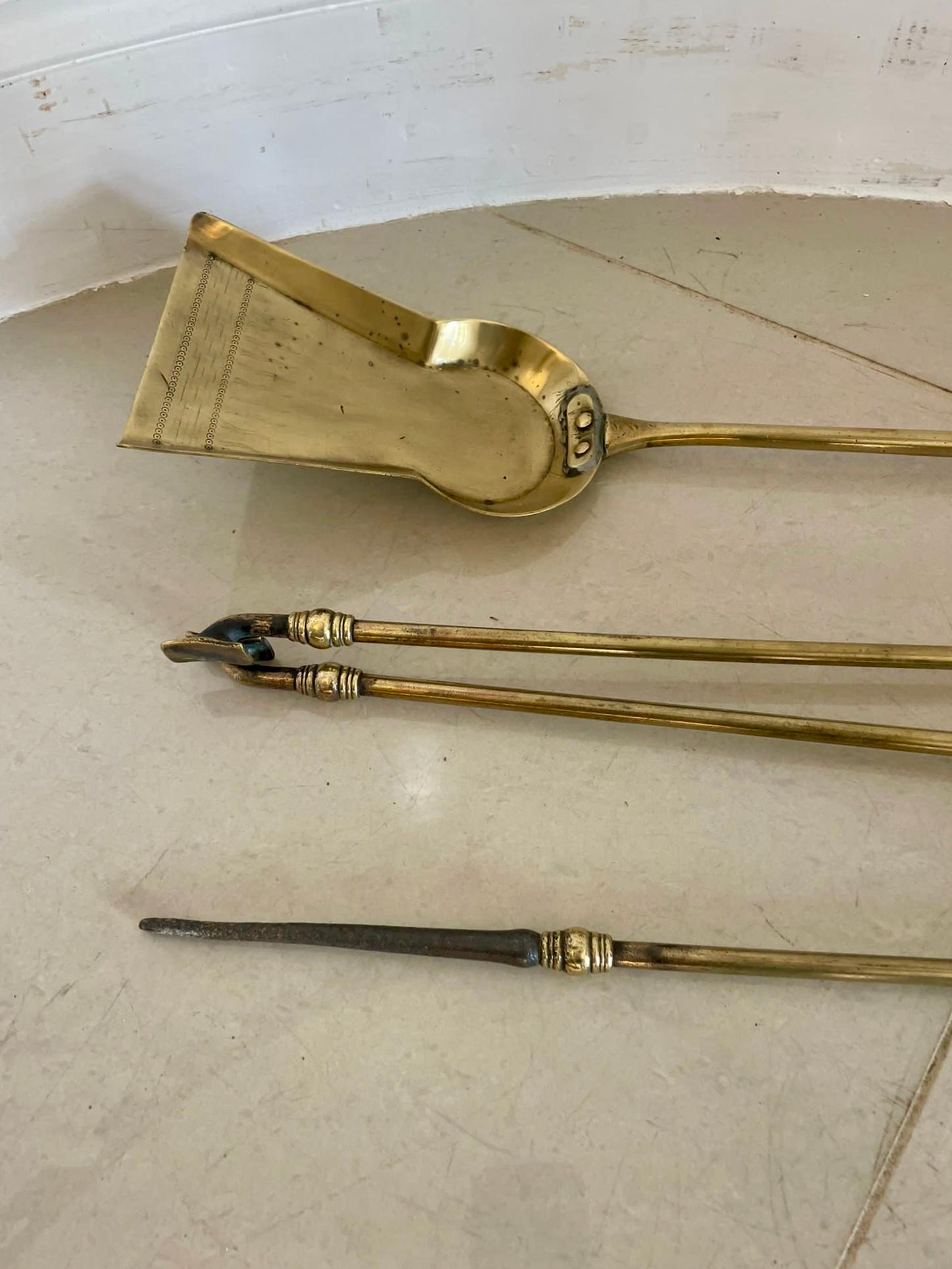 Antique Set of Three Victorian Quality Brass Fire Irons  In Good Condition For Sale In Suffolk, GB