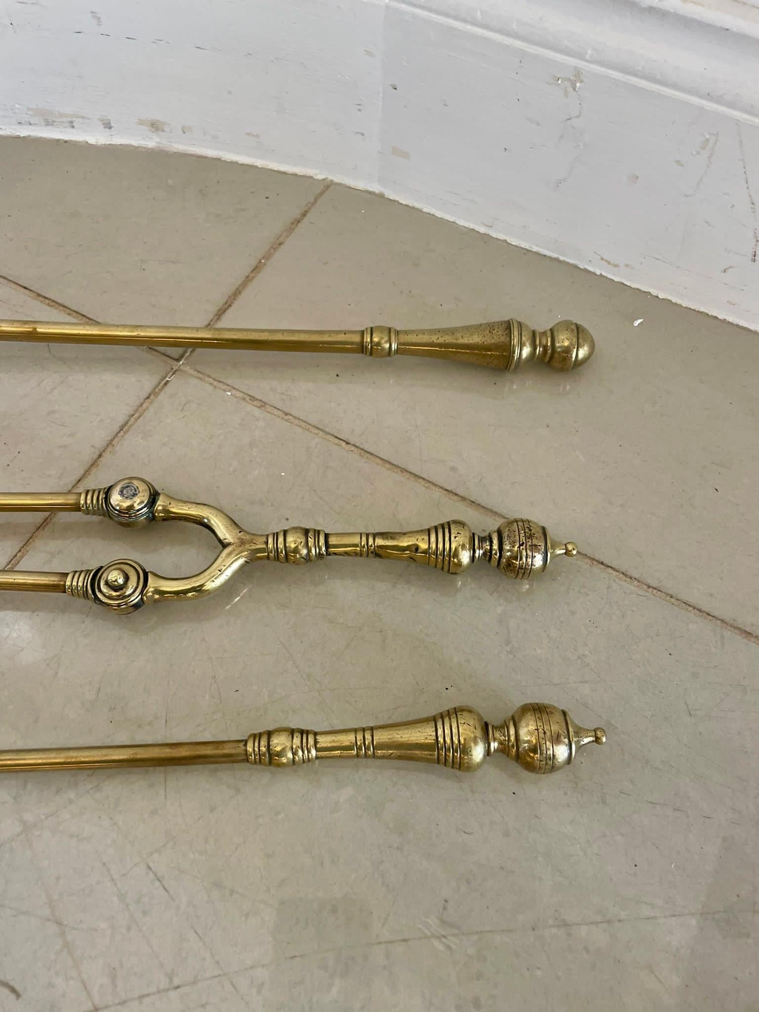 19th Century Antique Set of Three Victorian Quality Brass Fire Irons  For Sale