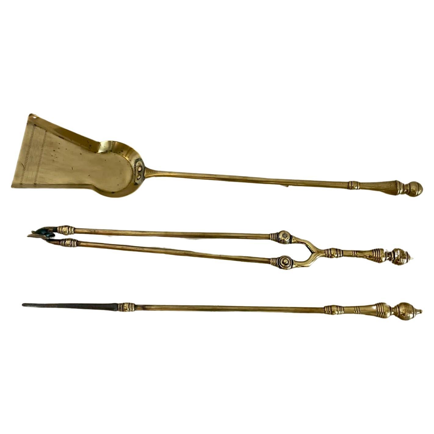 Antique Set of Three Victorian Quality Brass Fire Irons  For Sale