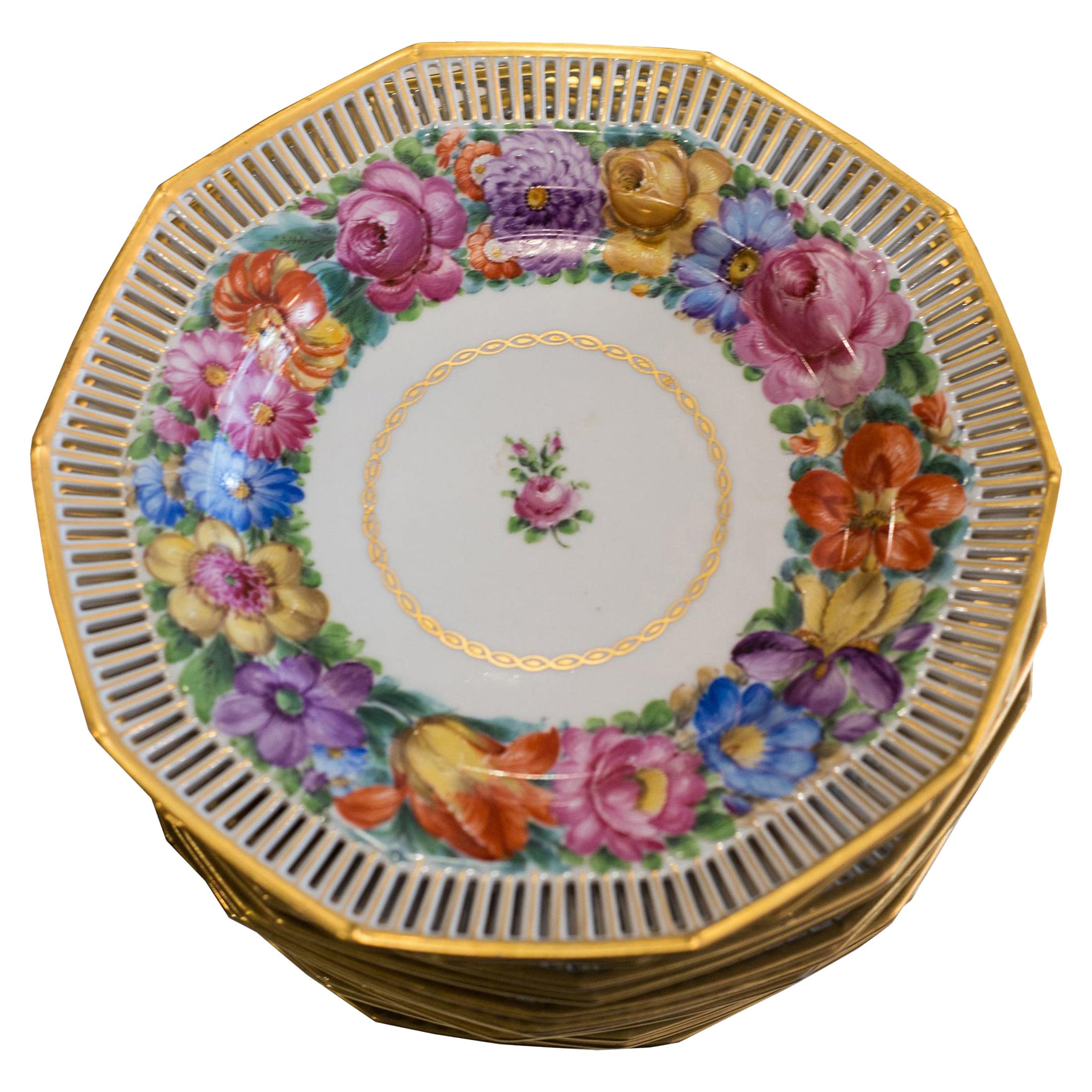 Antique Set of 10 Limoges for J. E. Caldwell Floral and Gilt Plates For