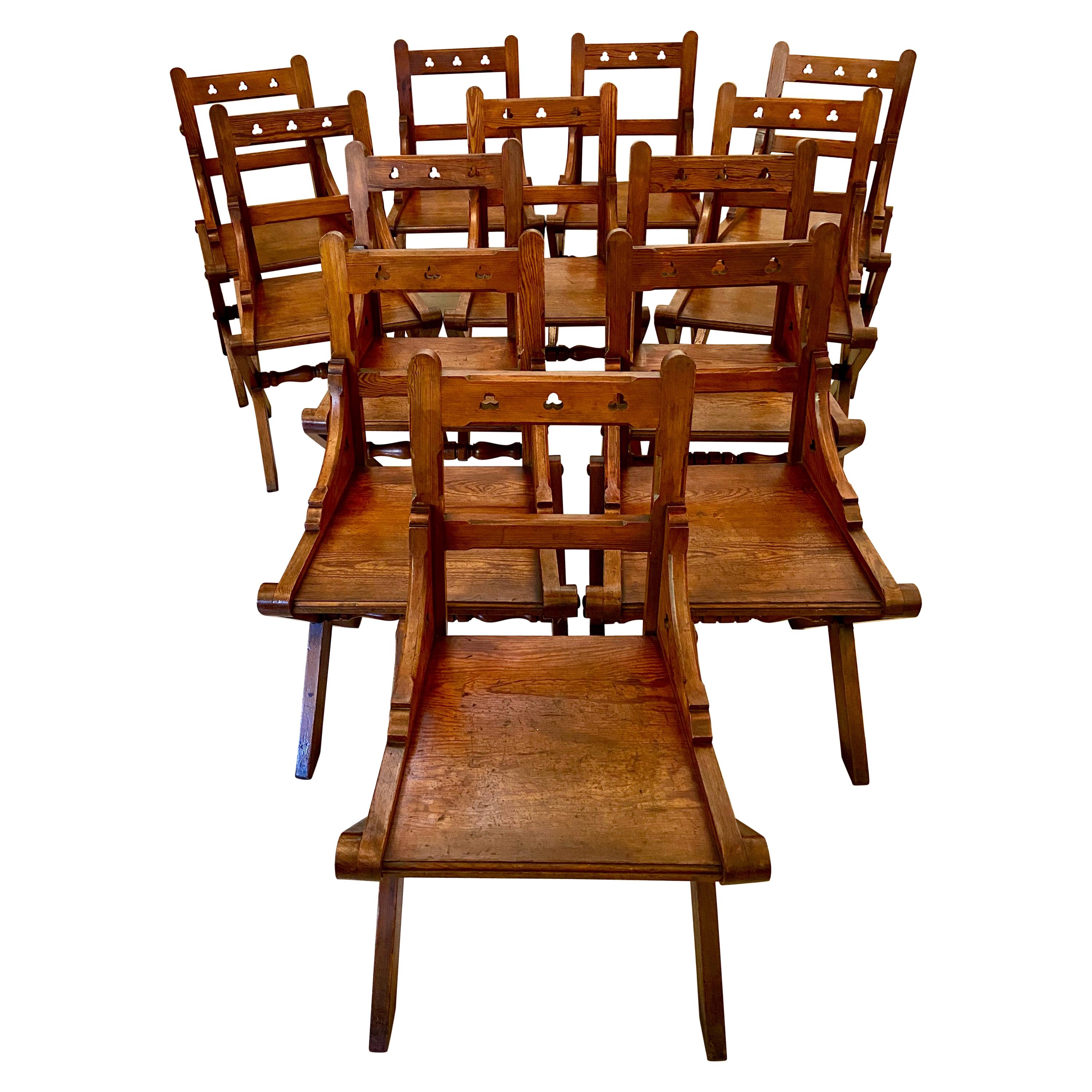 Antique Set of Twelve Gothic Pitch Pine Dining Chairs