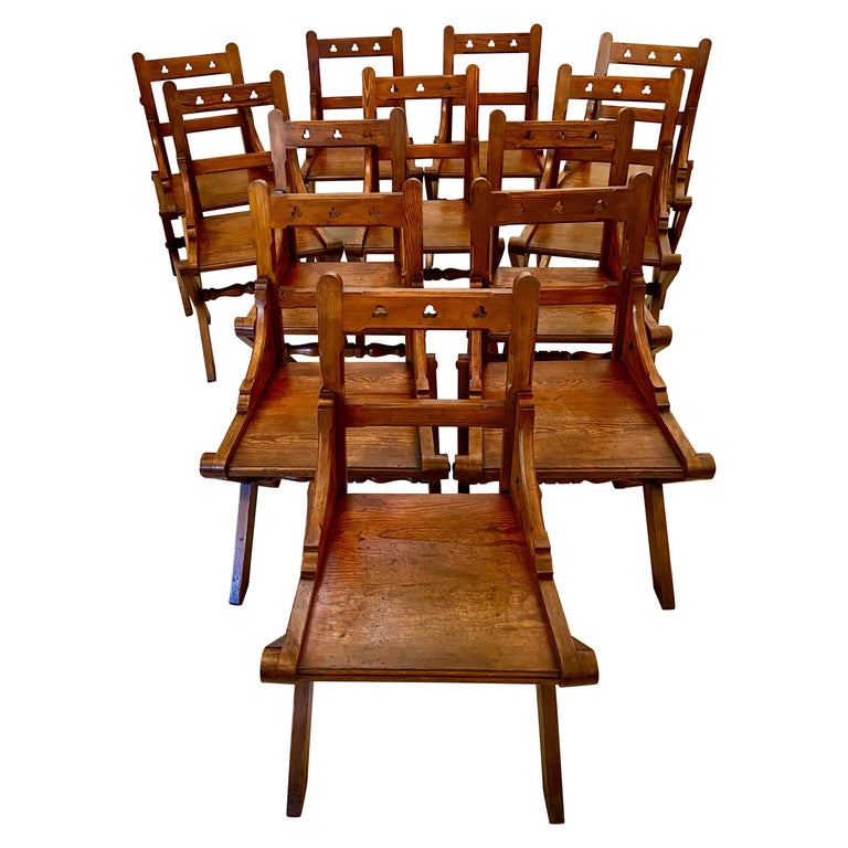 Antique Set of Twelve Gothic Pitch Pine Dining Chairs For Sale at 1stDibs