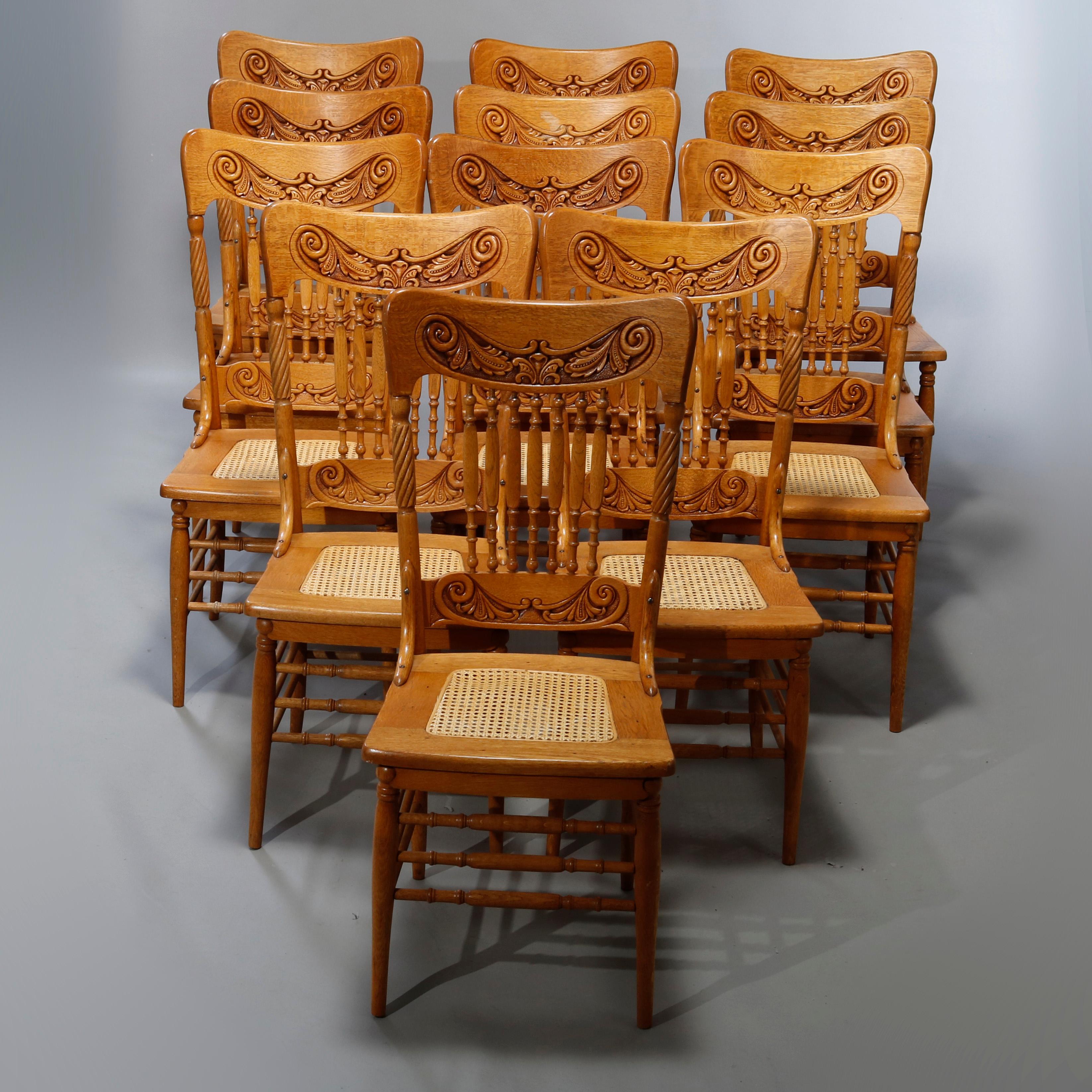 Antique Set of Twelve Oak Spindle & Pressed Back Dining Cane Seat Chairs, c1910 1
