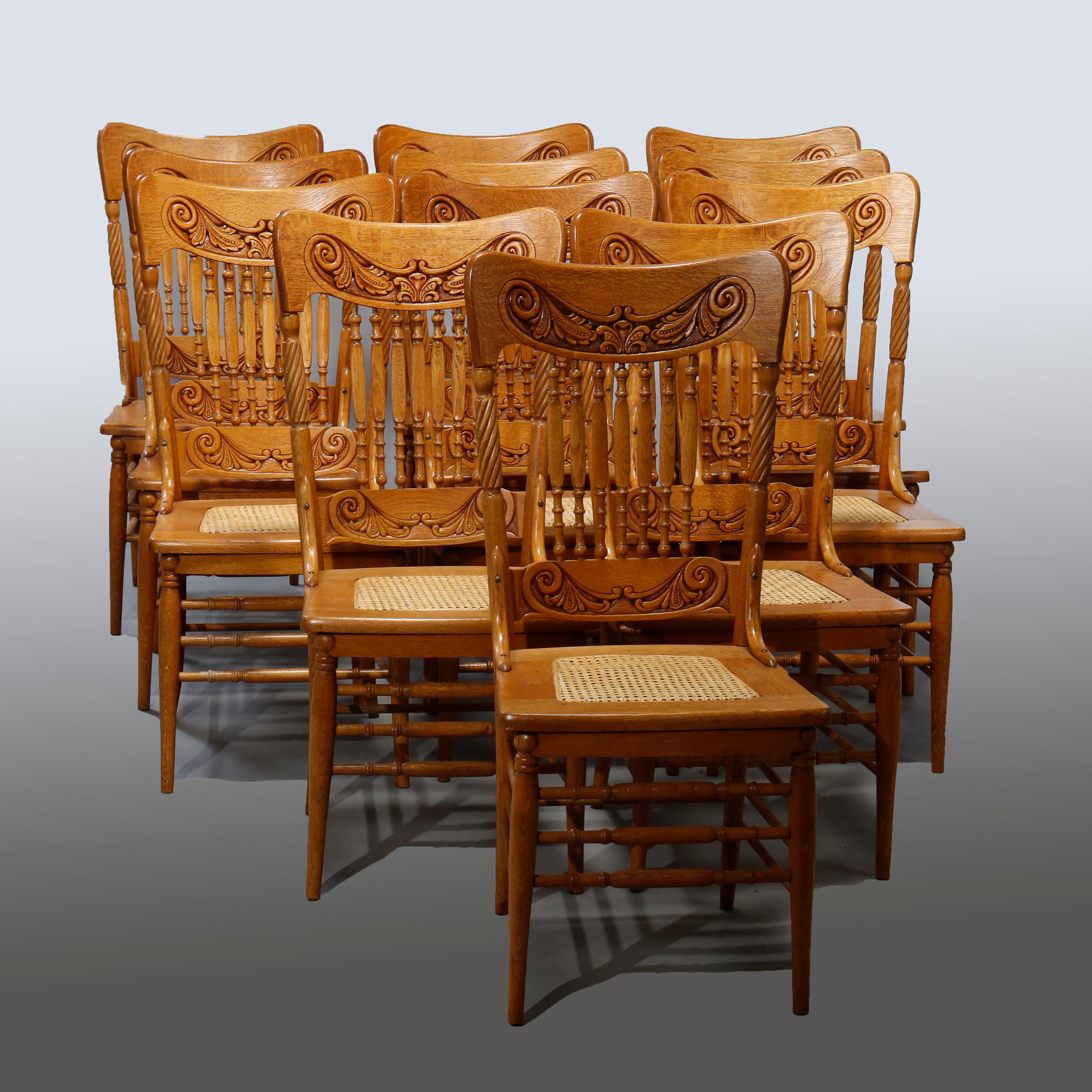 Antique Set of Twelve Oak Spindle & Pressed Back Dining Cane Seat Chairs, c1910 2