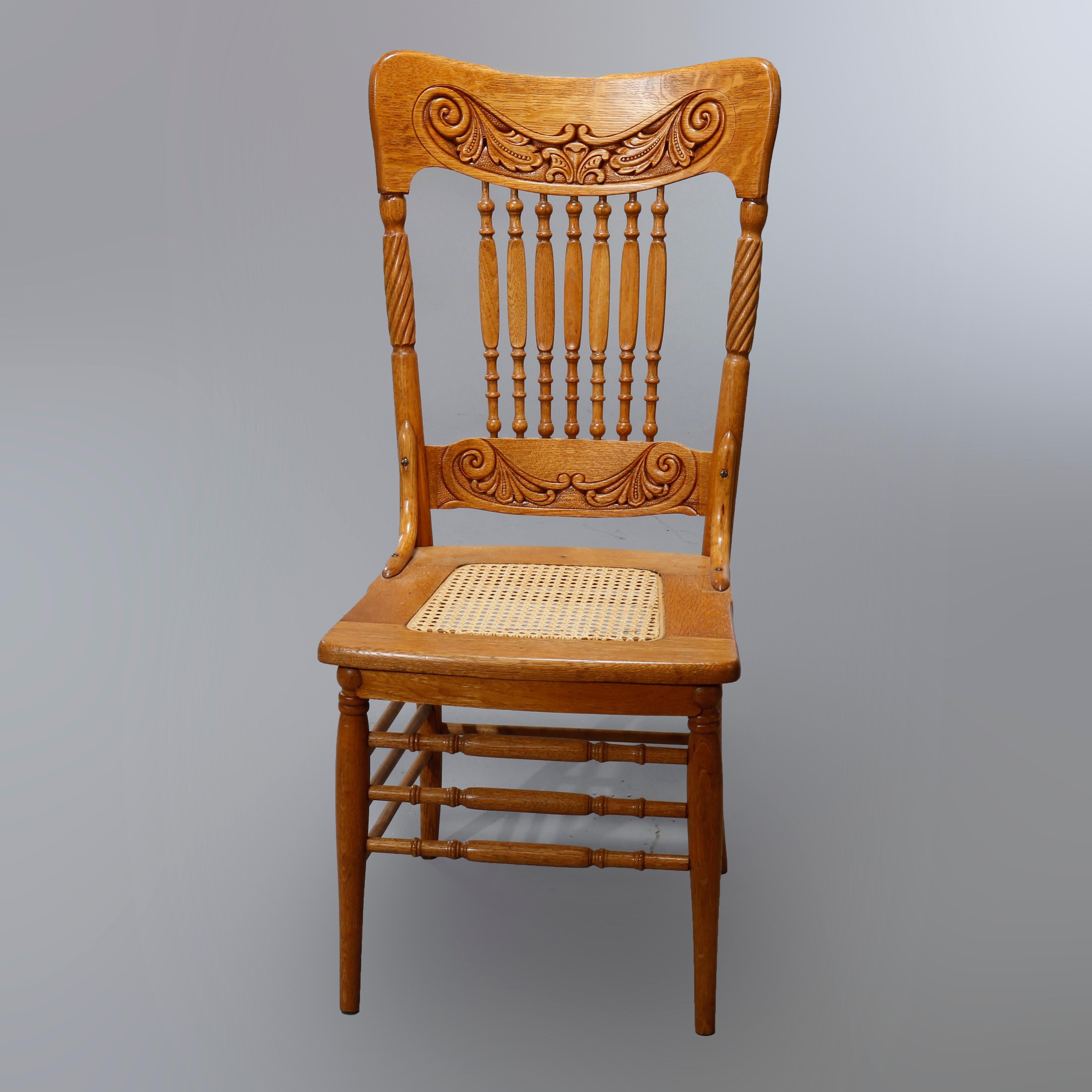Carved Antique Set of Twelve Oak Spindle & Pressed Back Dining Cane Seat Chairs, c1910