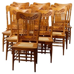 Used Set of Twelve Oak Spindle & Pressed Back Dining Cane Seat Chairs, c1910