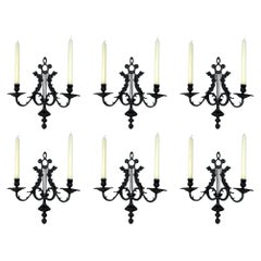 Antique Set Six Patinated Bronze French Twin Light Wall Candle Sconces Appliques