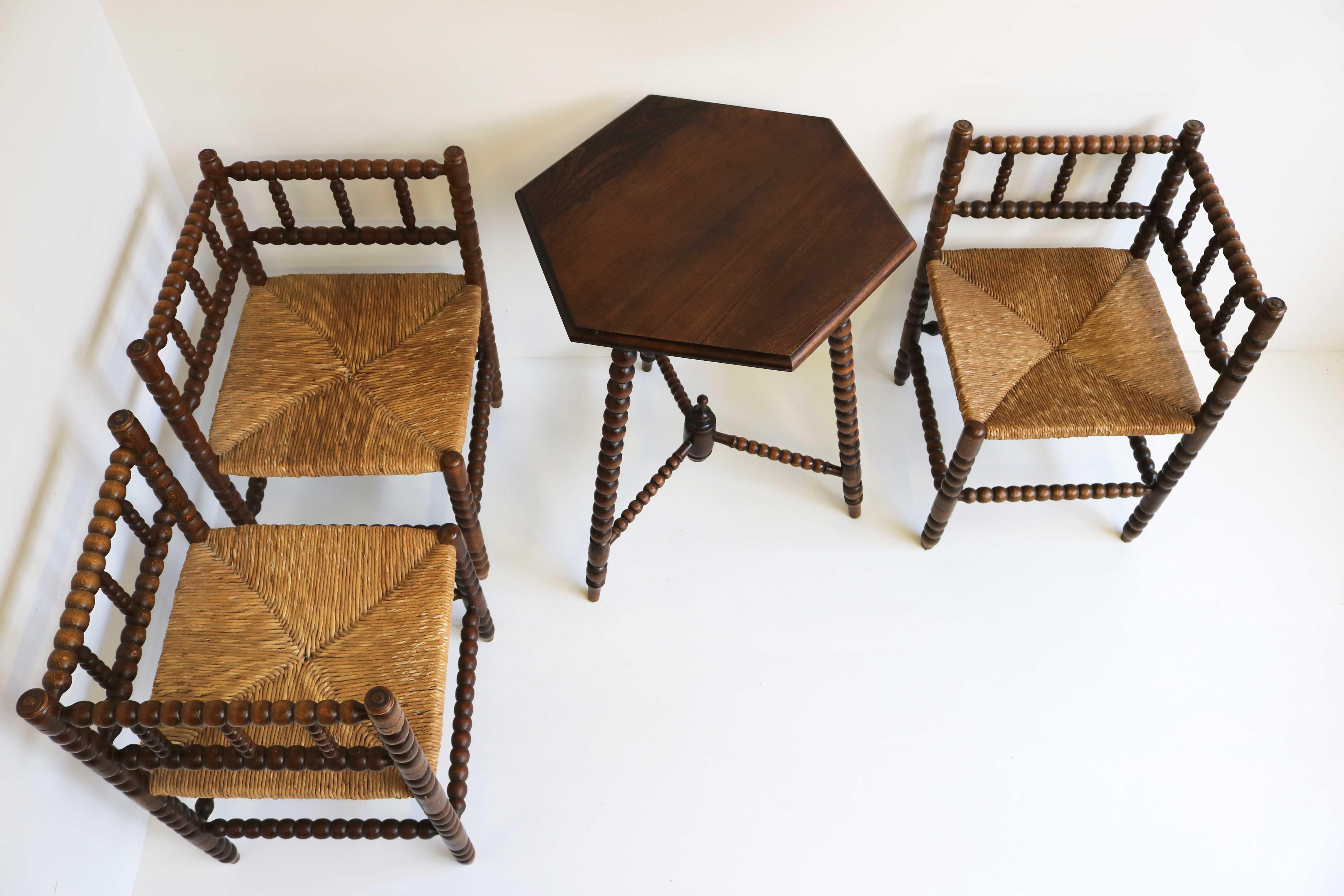 Country Antique Set , Three Rush-Seat Oak Corner Bobbin Side Knitting Chairs With Table  For Sale