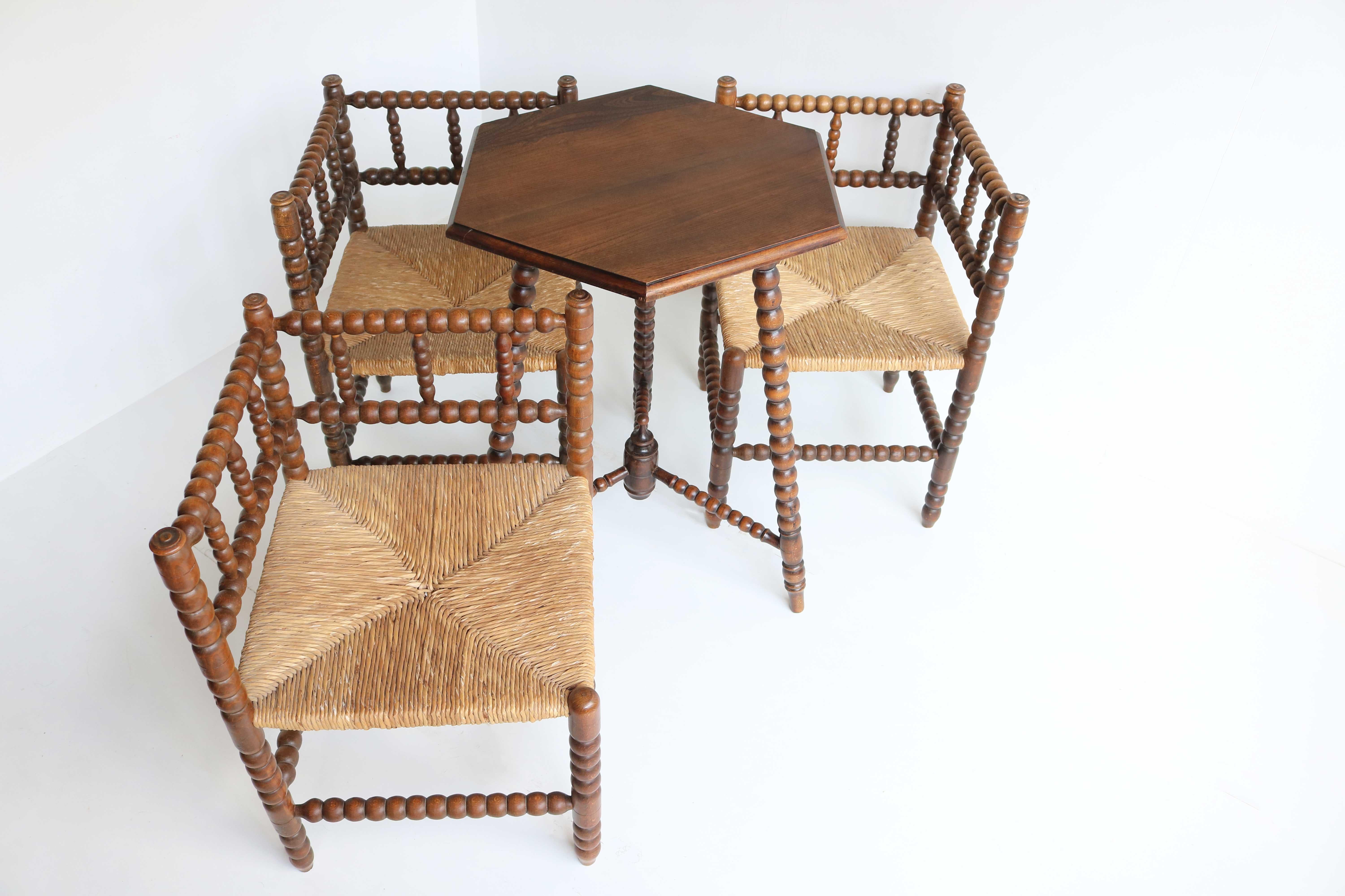Wicker Antique Set , Three Rush-Seat Oak Corner Bobbin Side Knitting Chairs With Table  For Sale