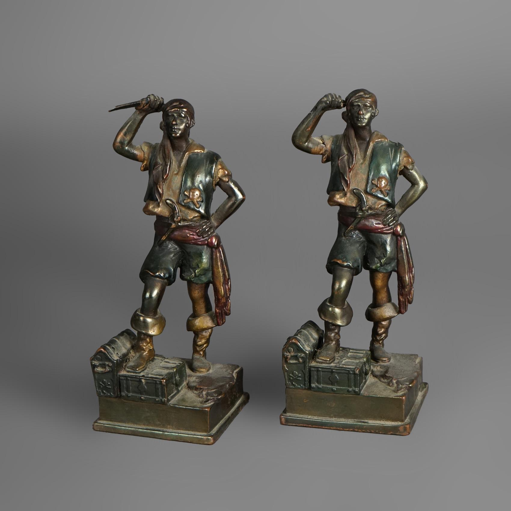 Antique SetFrankart School Pompéian Polychrome Cast Bronze Pirate Bookends c1920 In Good Condition In Big Flats, NY